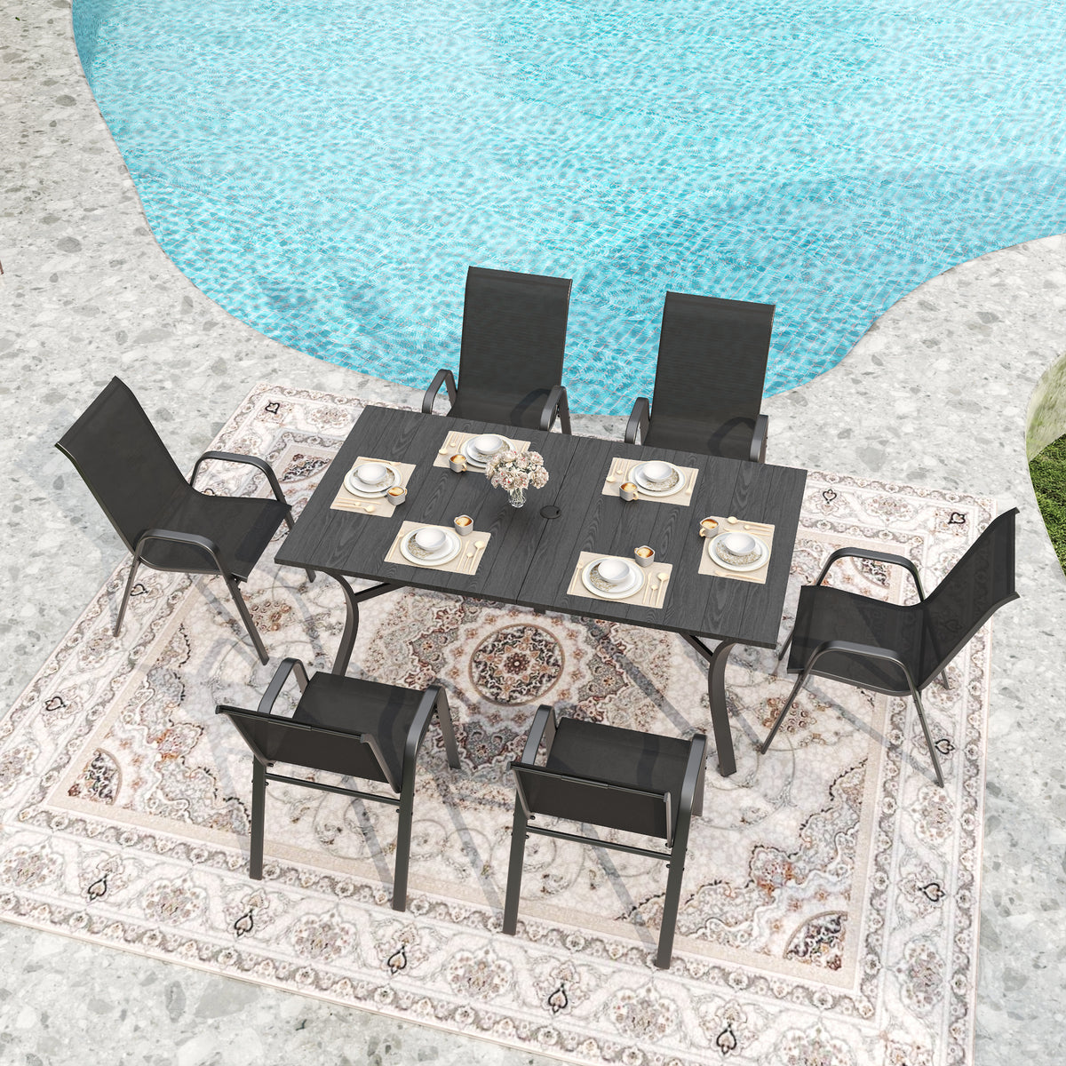 Wood Grain Finish Metal 7-Piece Patio Dining Set for 6 with Umbrella Hole
