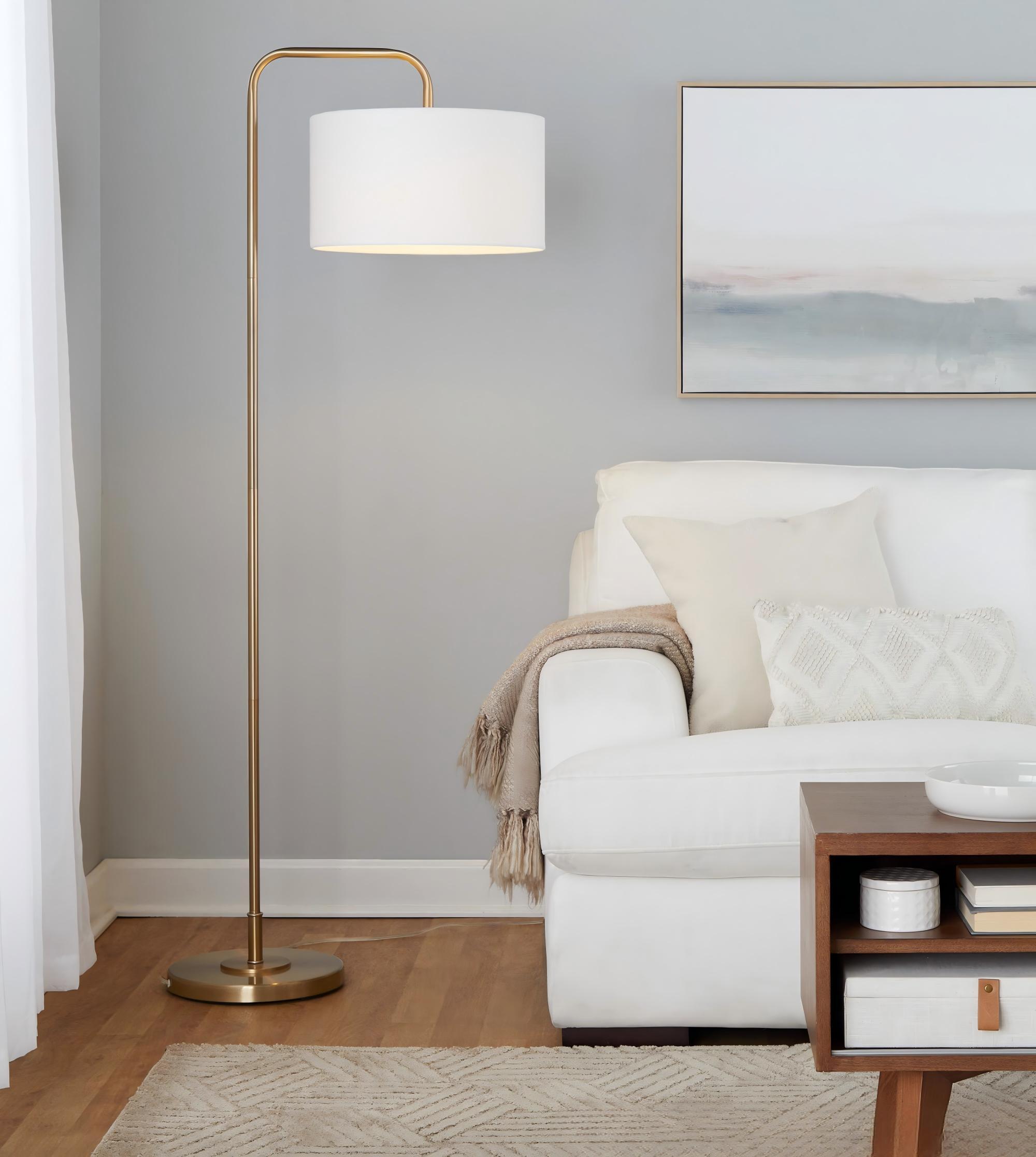 Floor Lamp with White Linen Shade and Foot Switch, Gold Finish