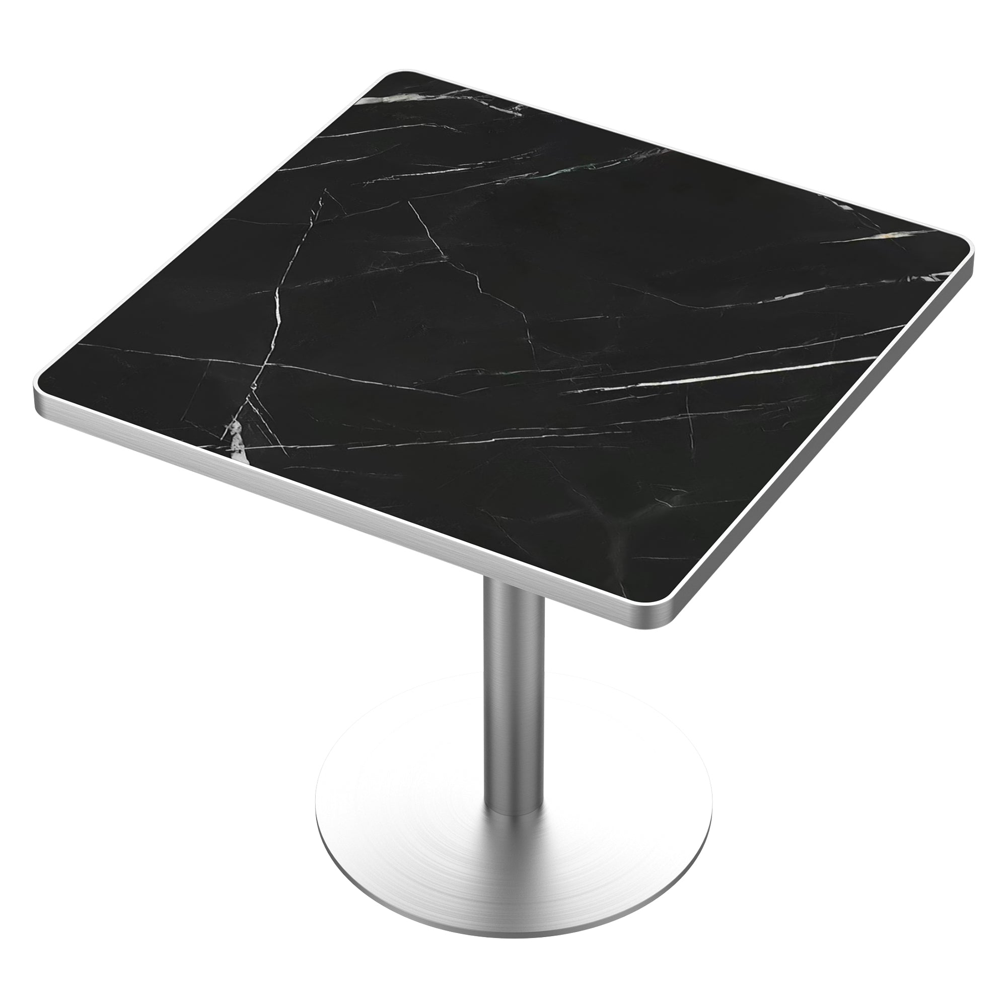 Black marble-look square dining table, high-angle three-quarter view, silver pedestal, white studio