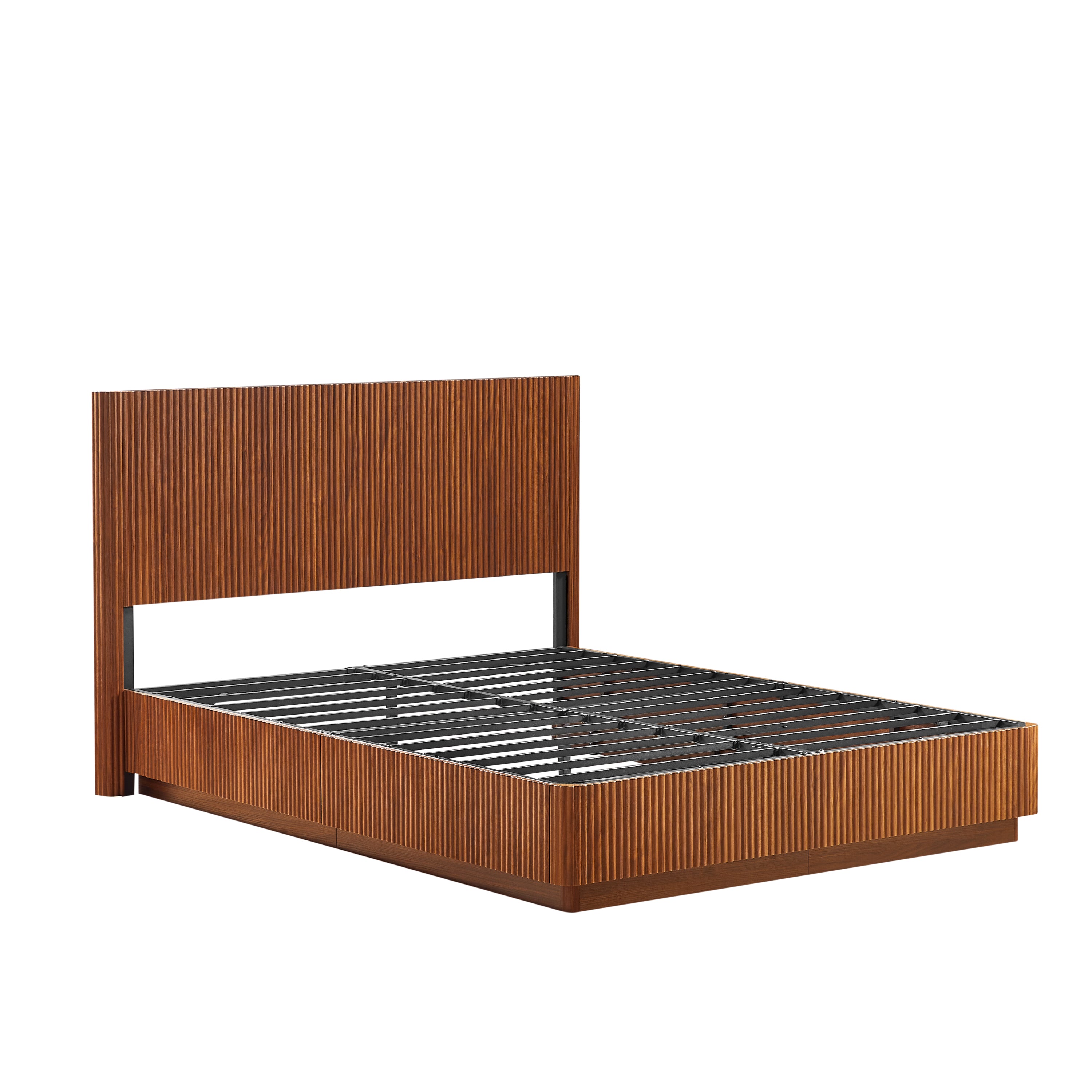Angled studio view of the bare corrugated walnut bed frame, also available in oak, with steel slat base #Color_Walnut