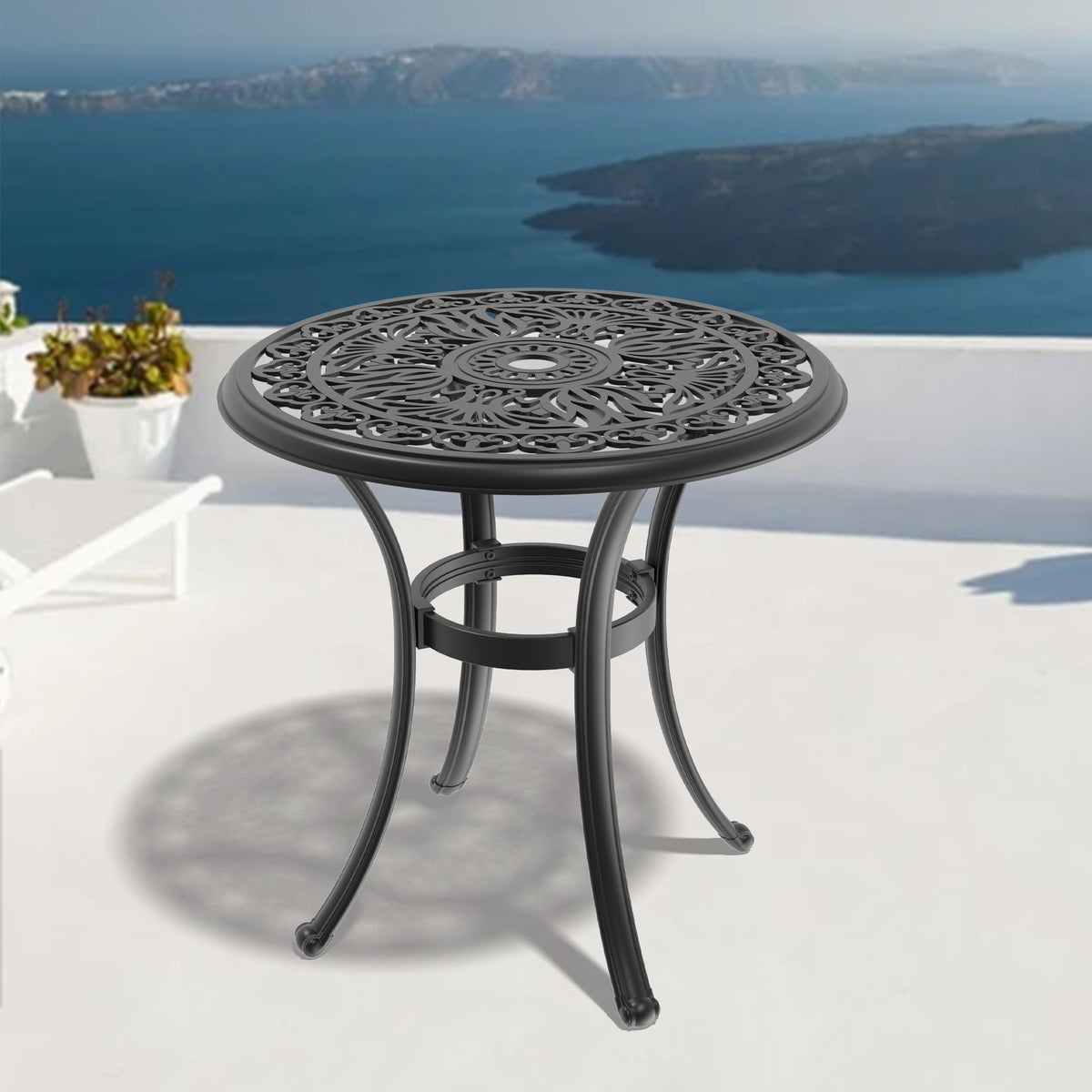 Black Aluminum Round Outdoor Dining Table with Umbrella Hole, 26.8 in Wide