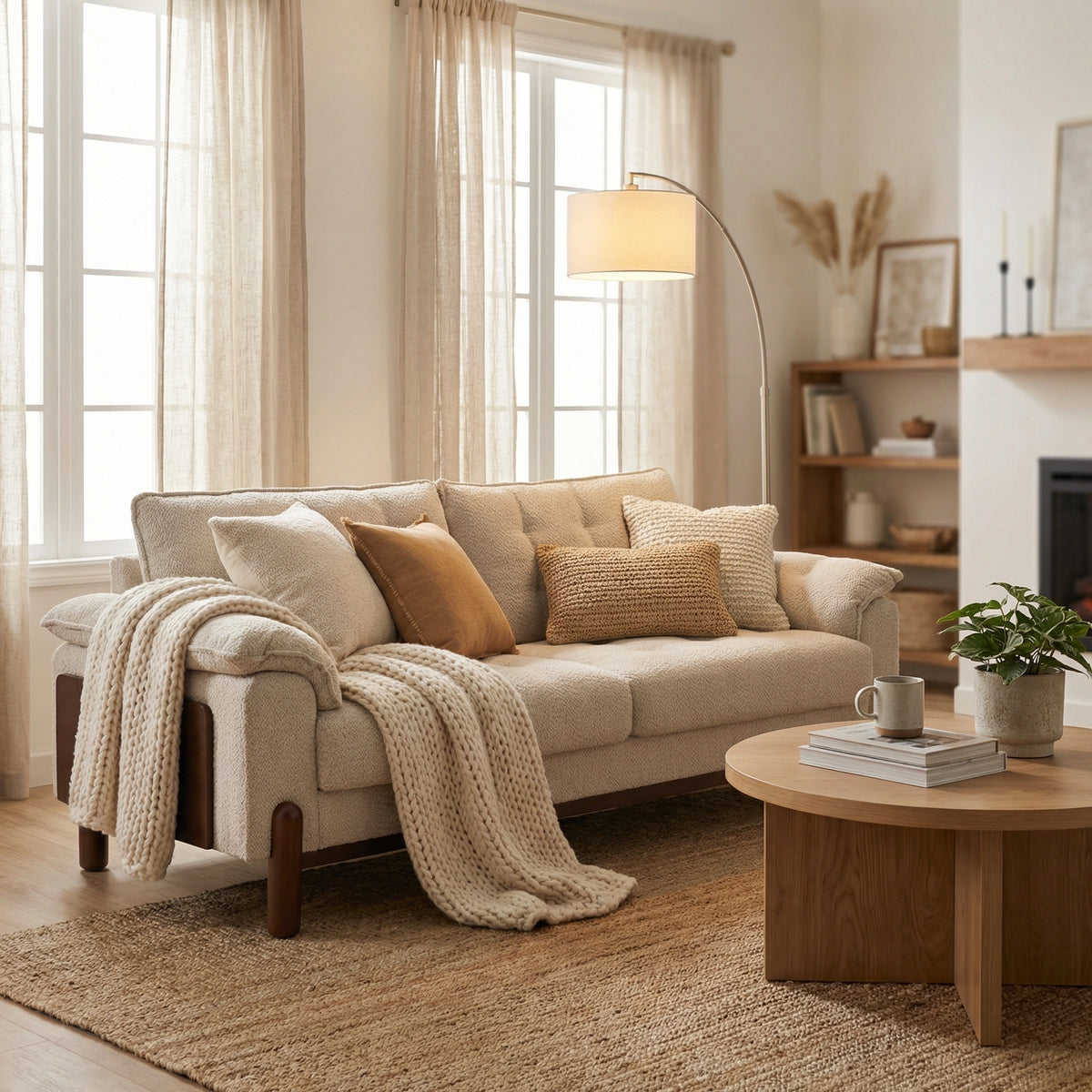 Beige Boucle 3-Seat Couch, 83.5 in Wide