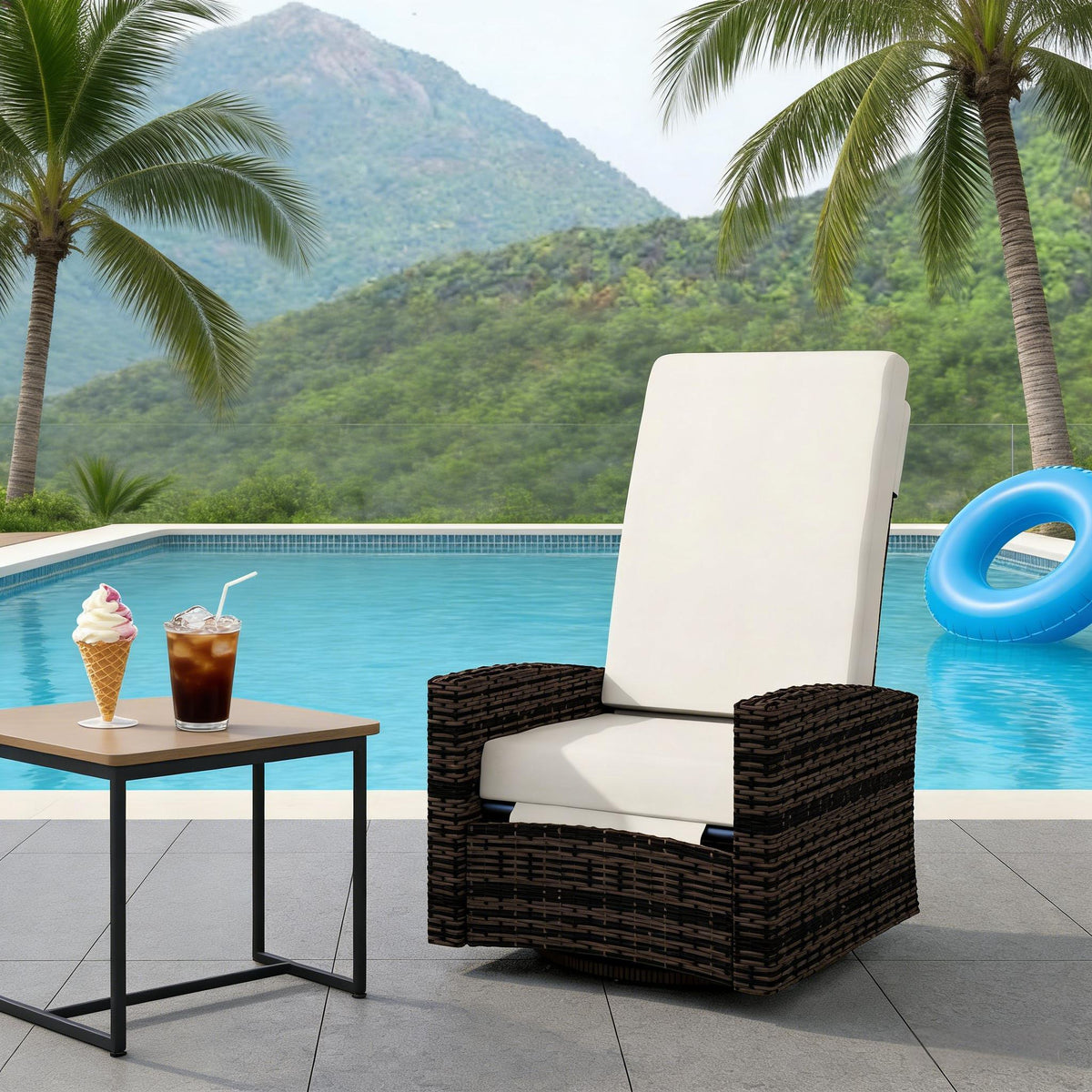 Khaki Wicker Outdoor Swivel Recliner Chair