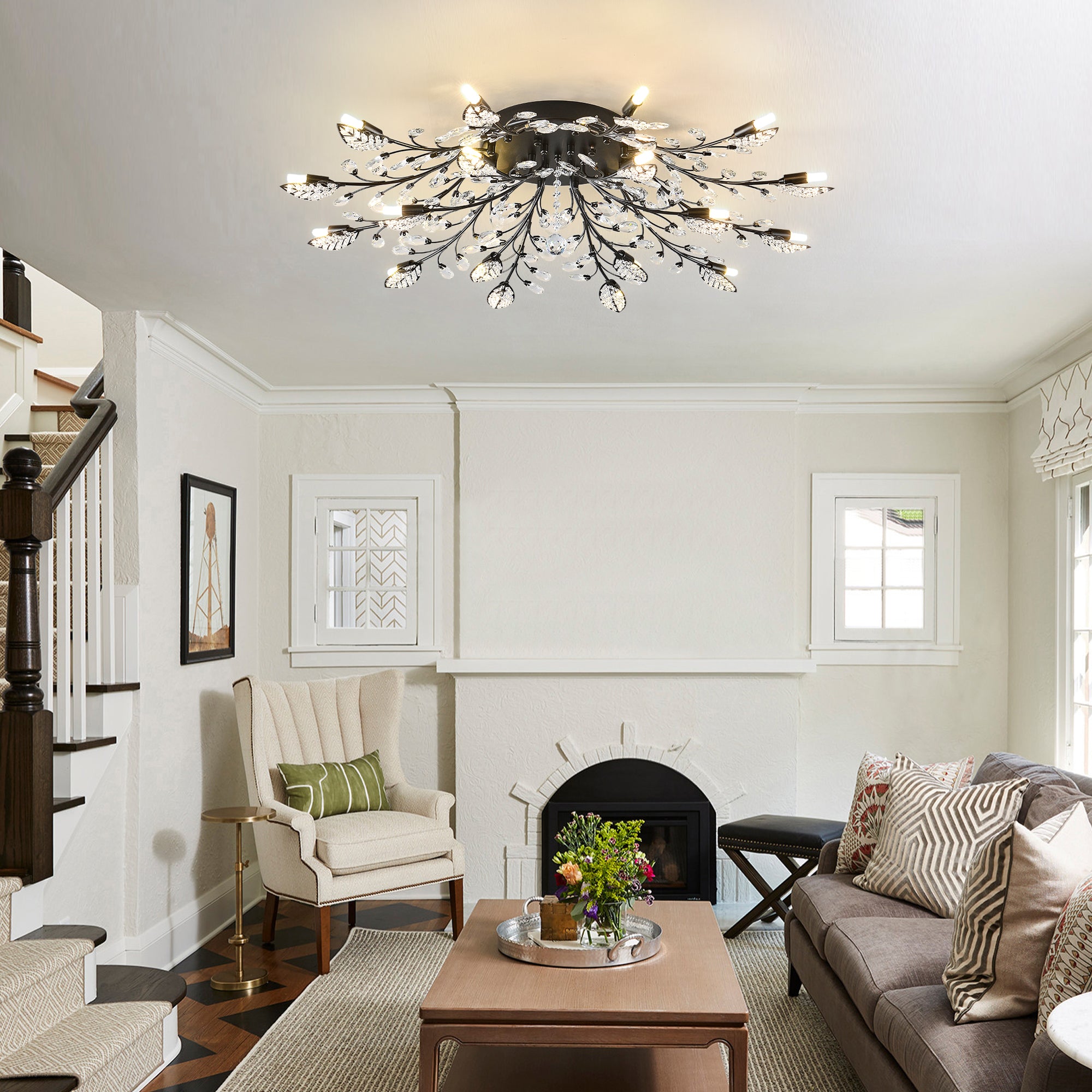 Chandelier, 18-Light Farmhouse Crystal Shade, Matte Black