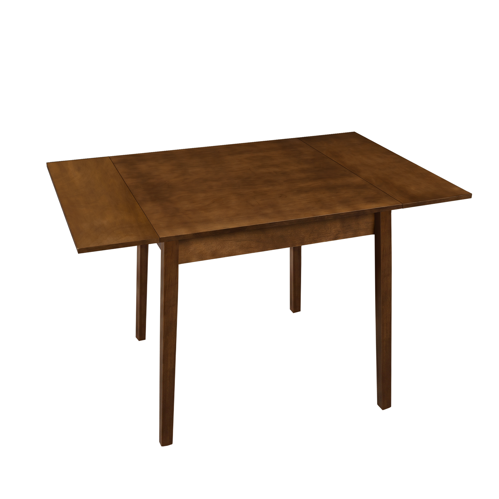 Walnut drop-leaf dining table fully extended and empty on a plain white background, three-quarter view