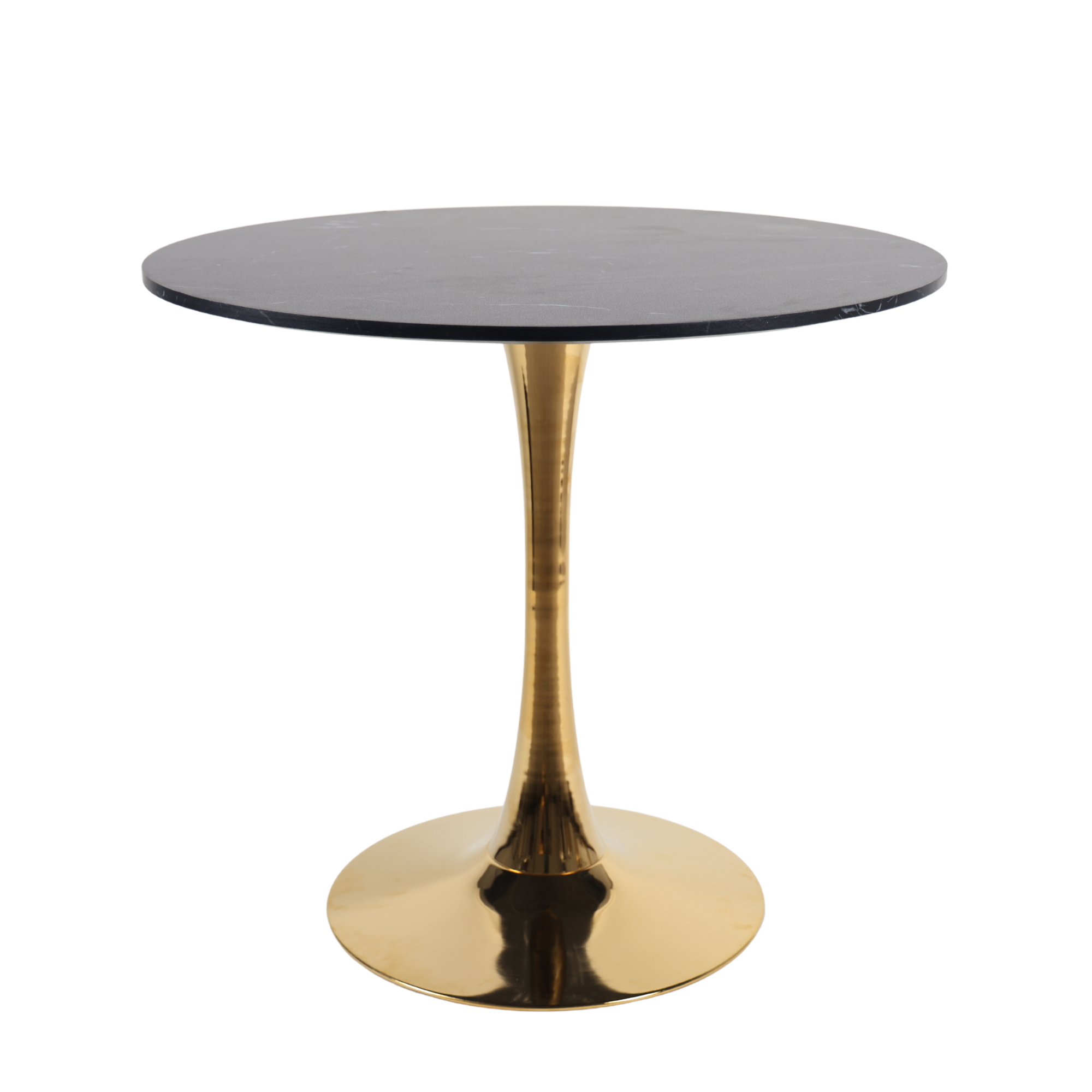 Black faux marble tulip dining table styled in a bright room with a plant and espresso machine