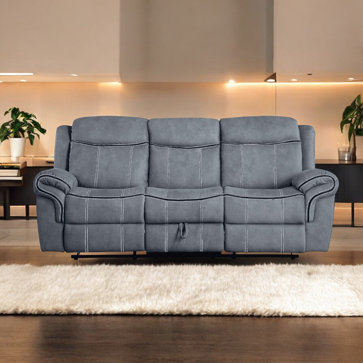 Gray Velvet Reclining Sofa, USB Charging, 87 in Wide
