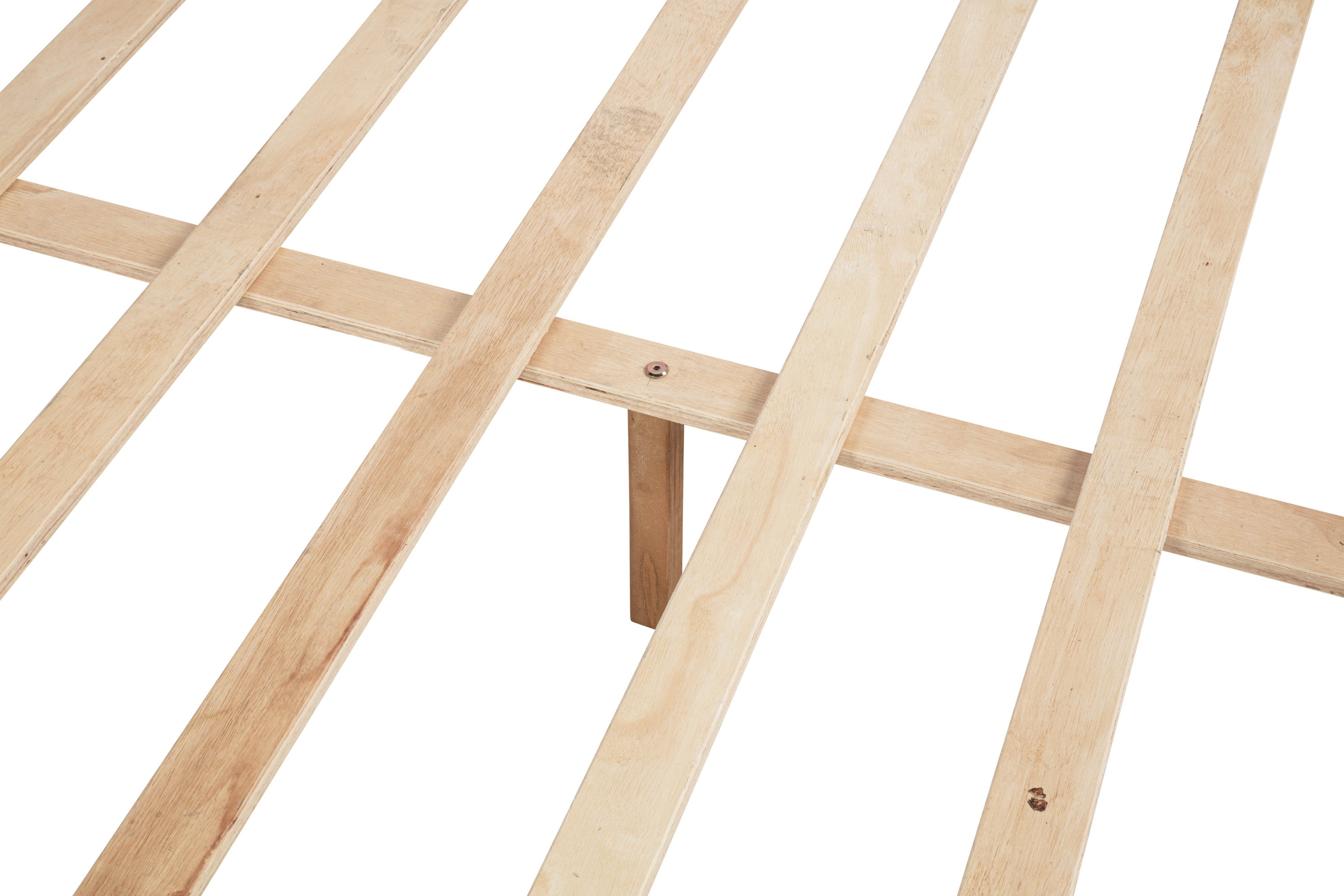 Close-up of the wood slats with a central lengthwise support beam and a center support foot