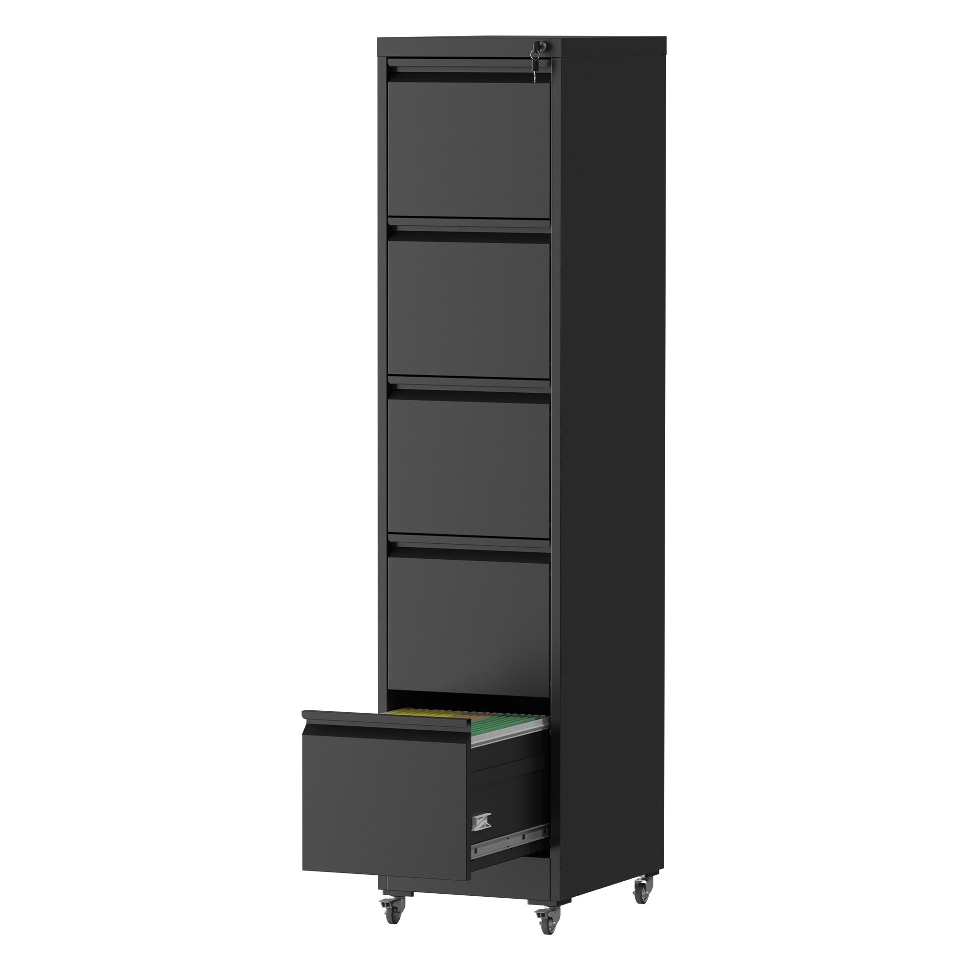 Vertical Rolling File Cabinet with Drawers and Lock, 15.2 in, Black