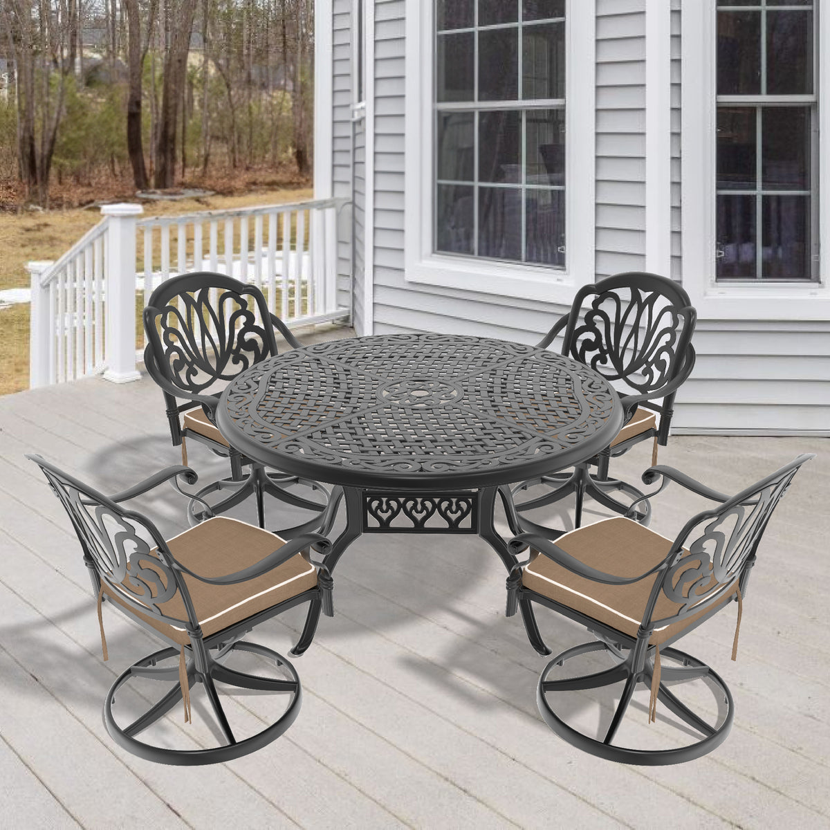 Black Aluminum 5-Piece Patio Dining Set for 4 with Cushions, Swivel, Round