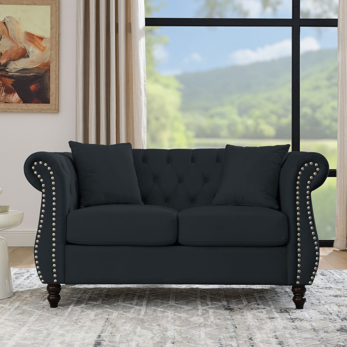 Black Velvet 2-Seat Chesterfield Sofa, Nailhead Trim