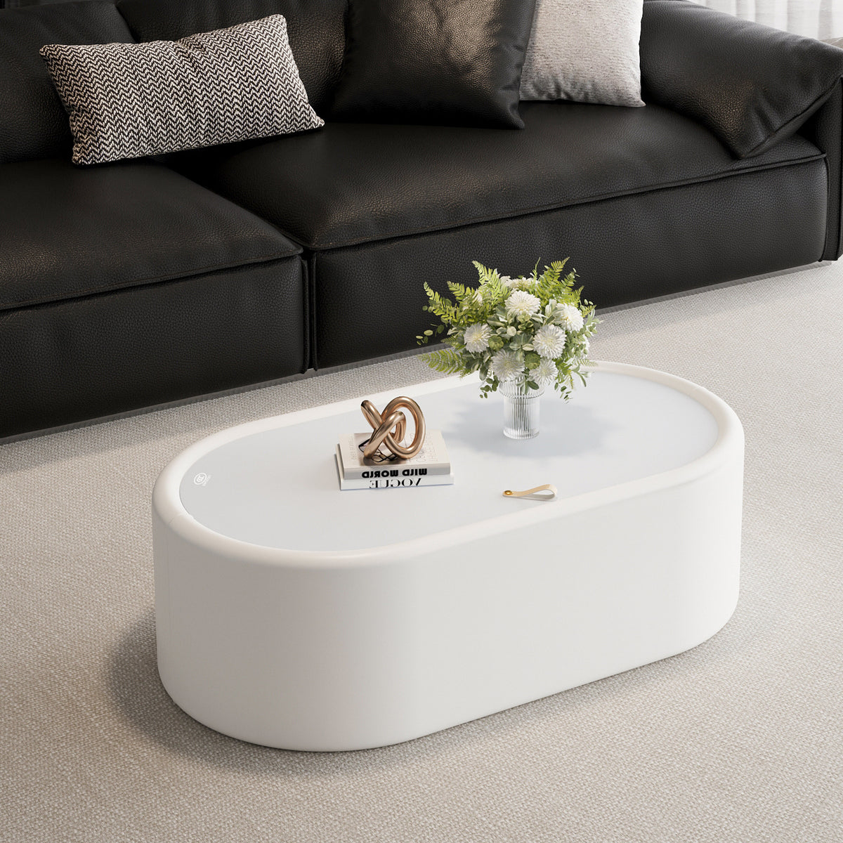 White Glass Top Oval Coffee Table with Storage, Racetrack Shape