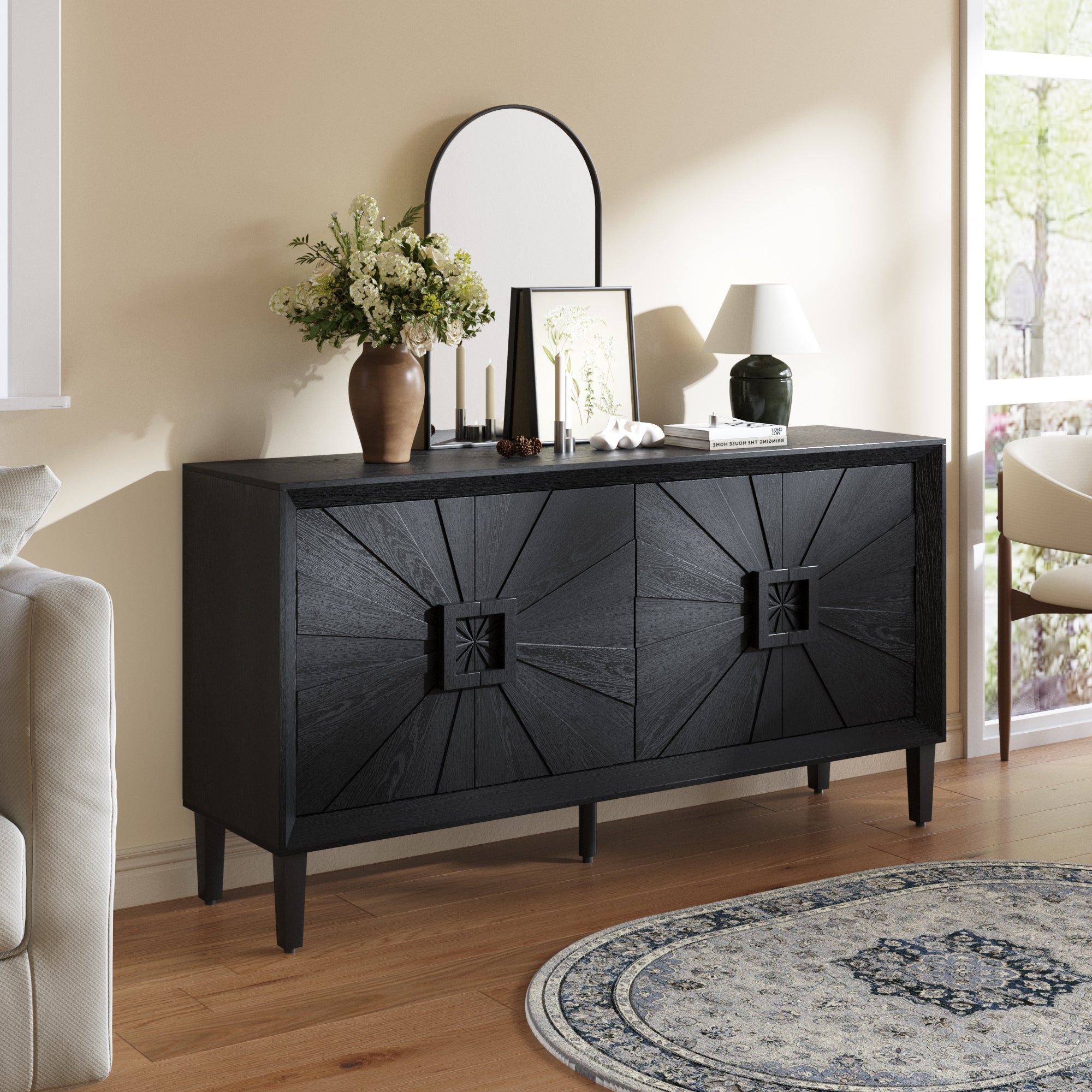 Black Farmhouse Credenza, 60 in, Sunburst 4-Door Sideboard