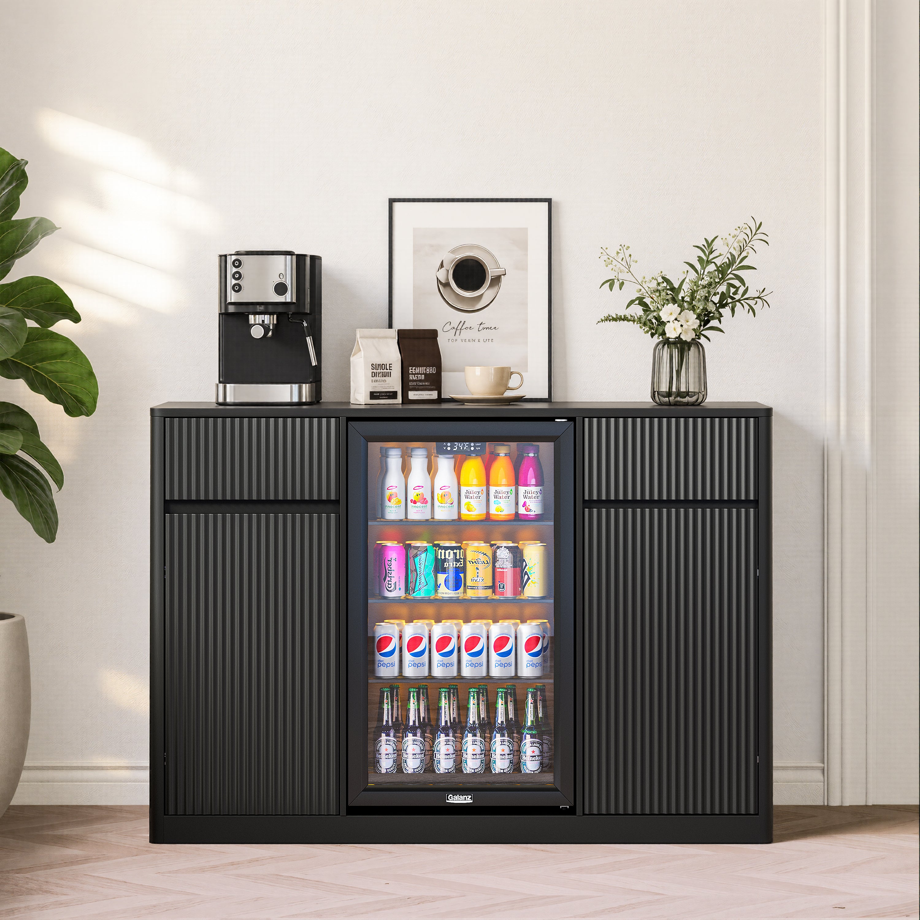 Fluted Bar Cabinet with Mini-Fridge Space, 2 Drawers & Wine Rack