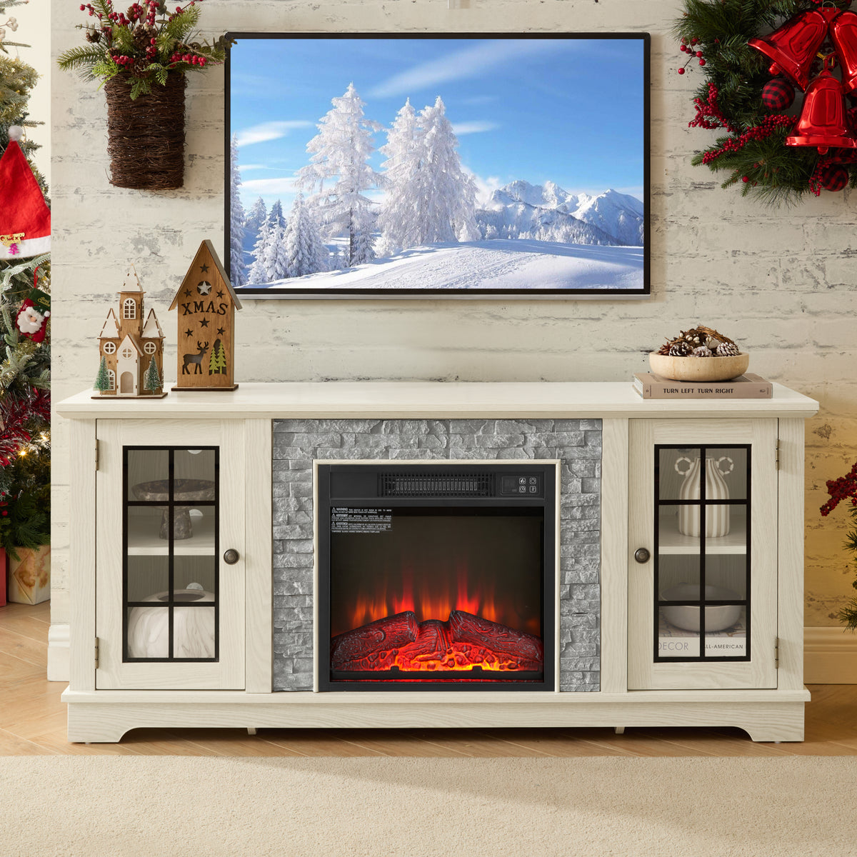 White Fireplace TV Stand, 58.3 in Wide, 15.5 in Deep
