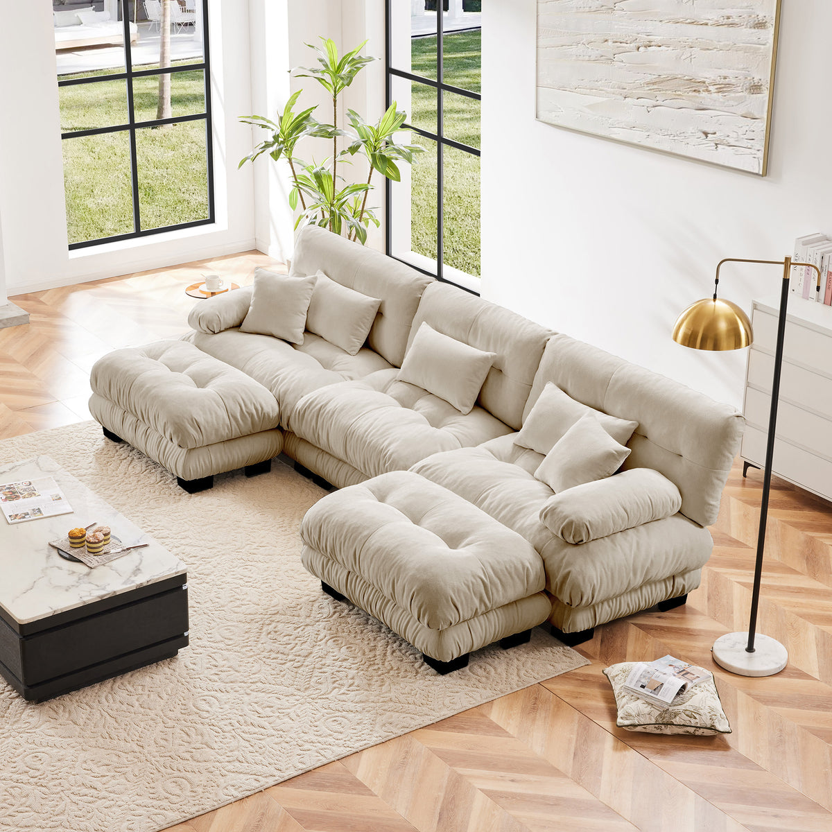 Brown Chenille Modular Sectional Couch with 2 Ottomans