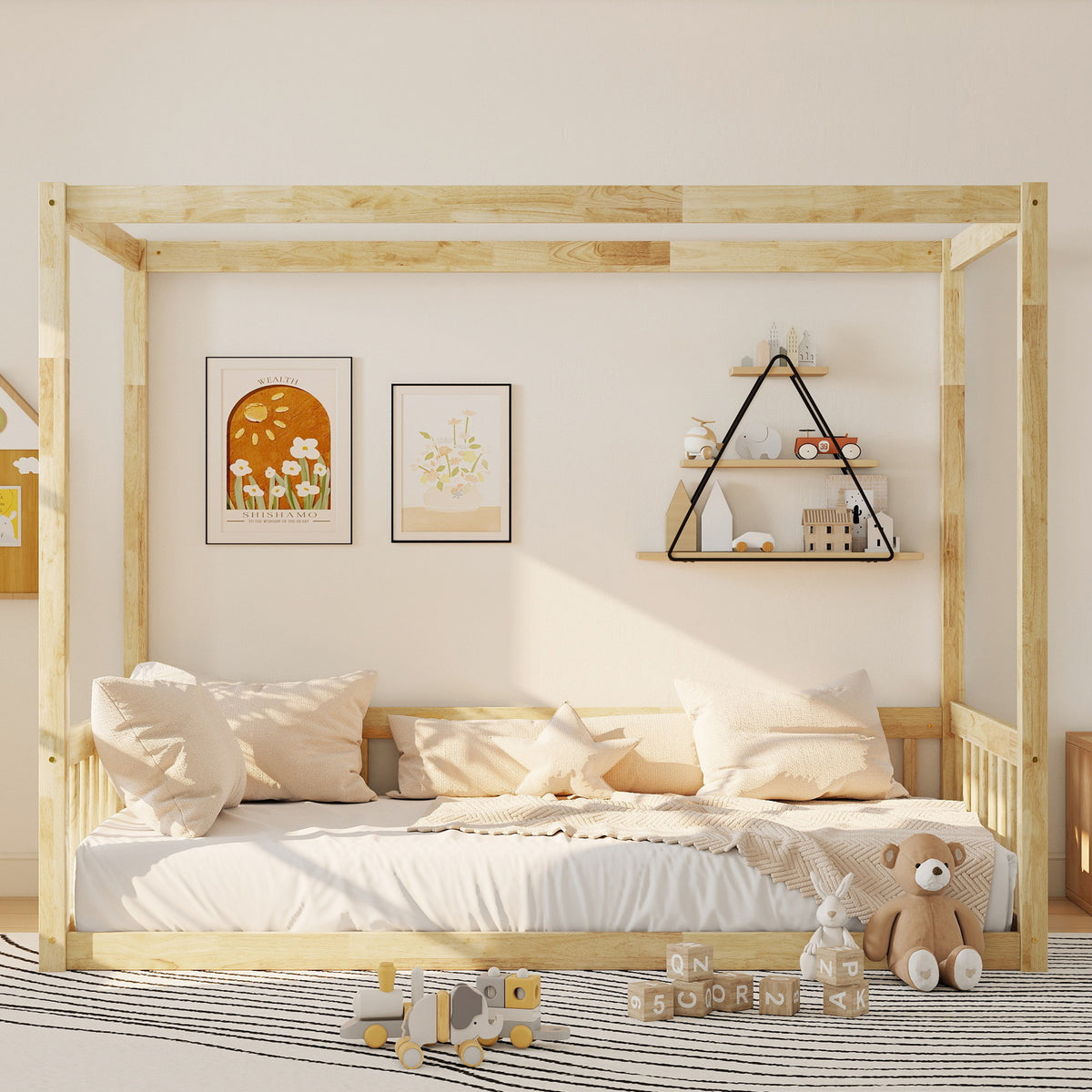Solid Wood Canopy Floor Bed for Kids, Twin, Natural