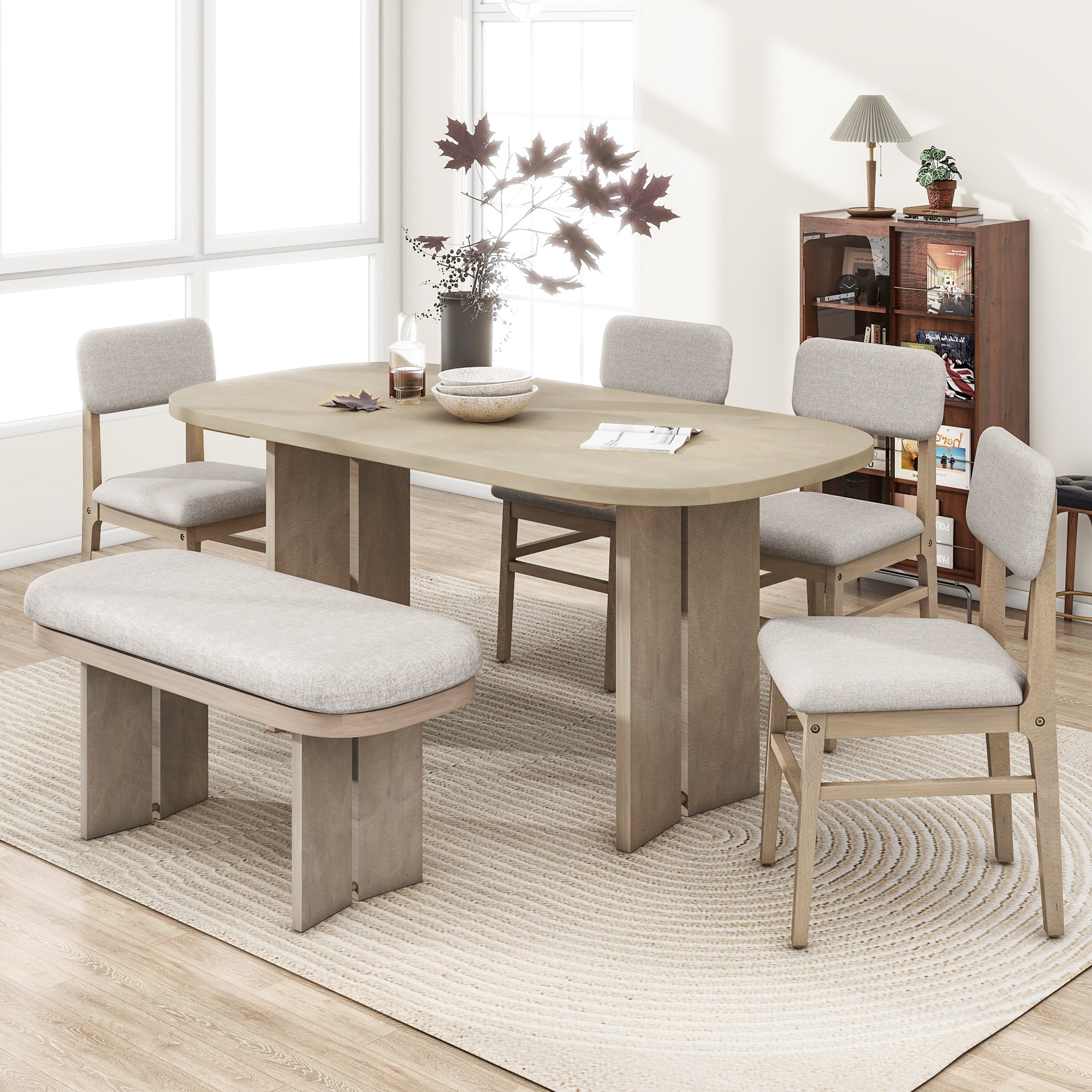 6-Piece Dining Set, Natural Wood Table, 4 Linen Chairs and Bench