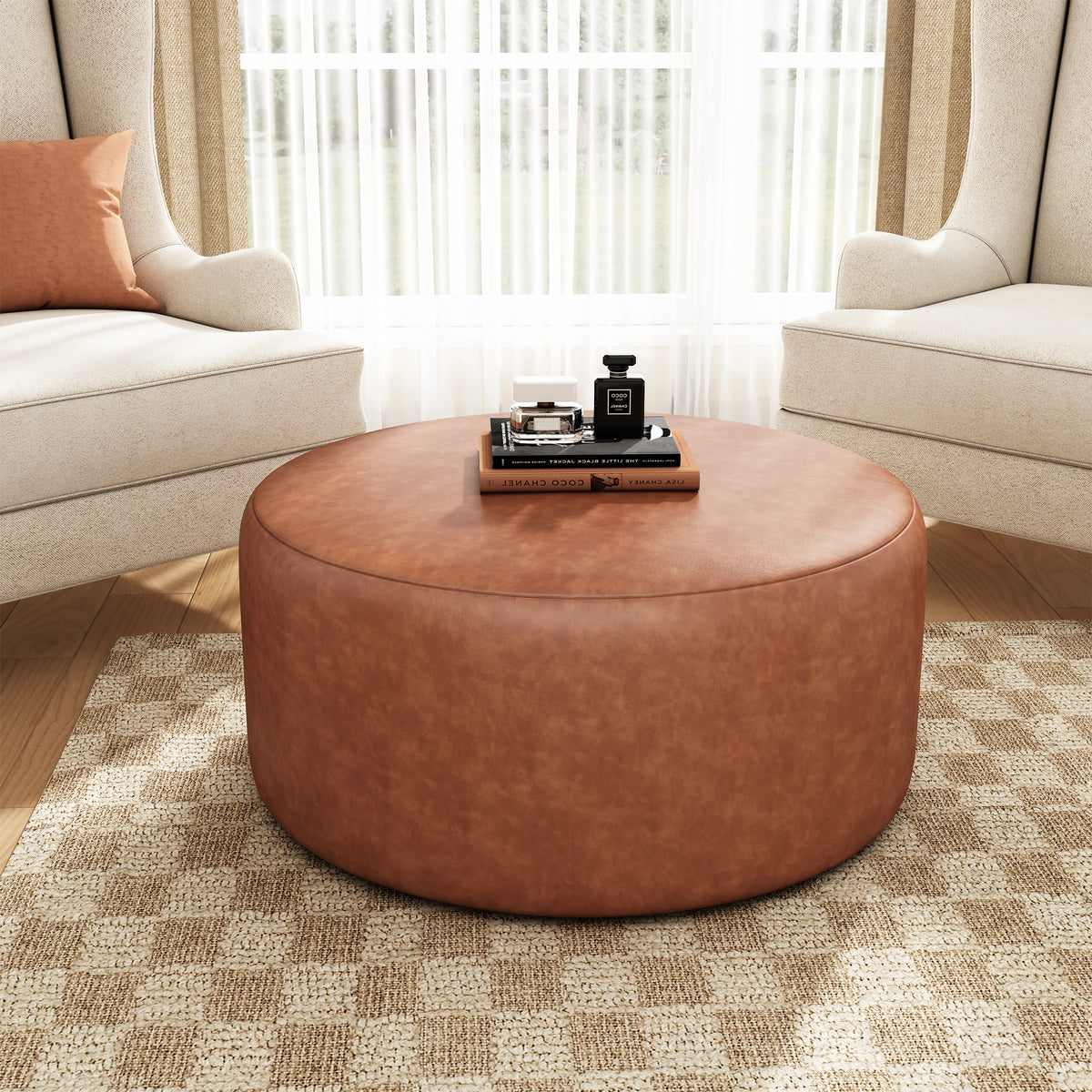 Brown Vegan Leather Round Ottoman, 30 in