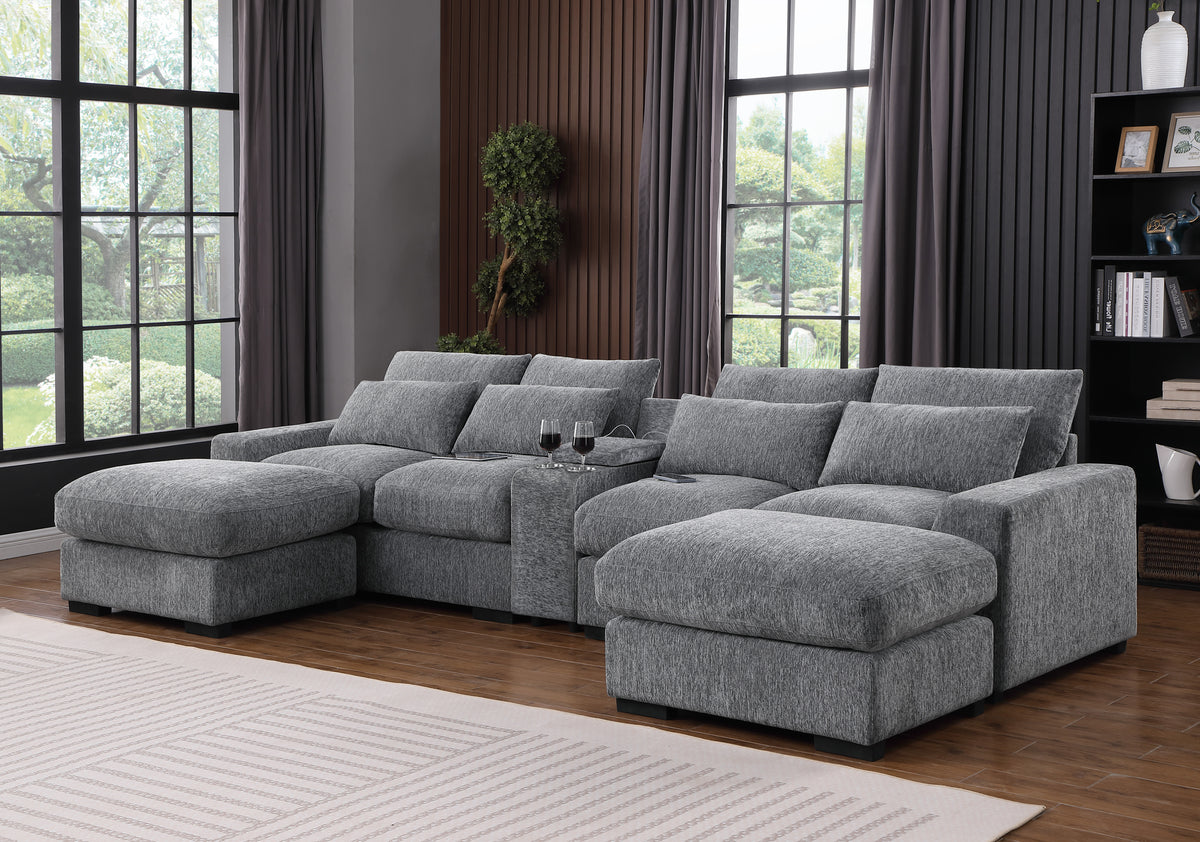 Light Gray Velvet Reclining Sectional with 2 Ottomans, 134.7 in Wide