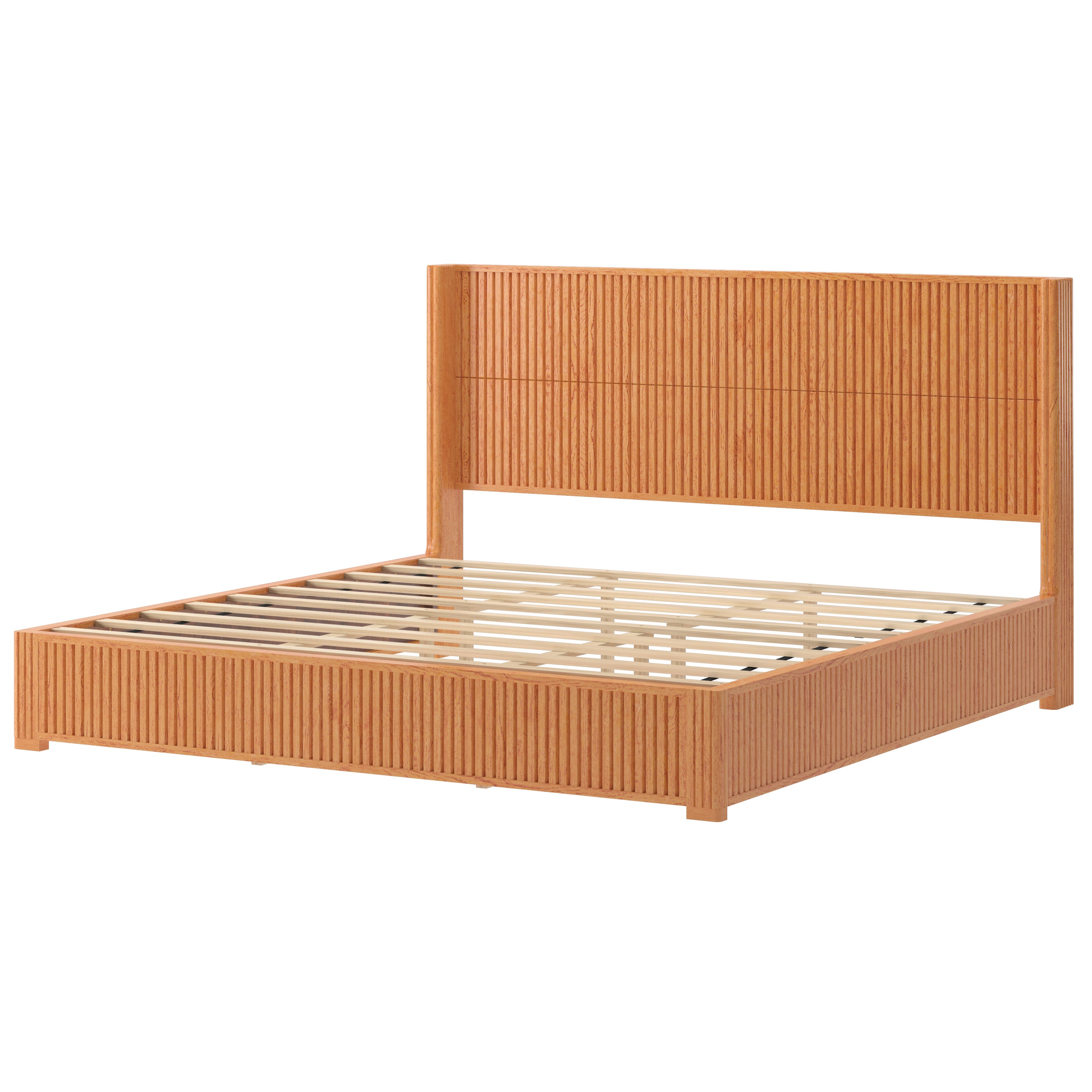 Three-quarter view of natural wood king floor bed frame