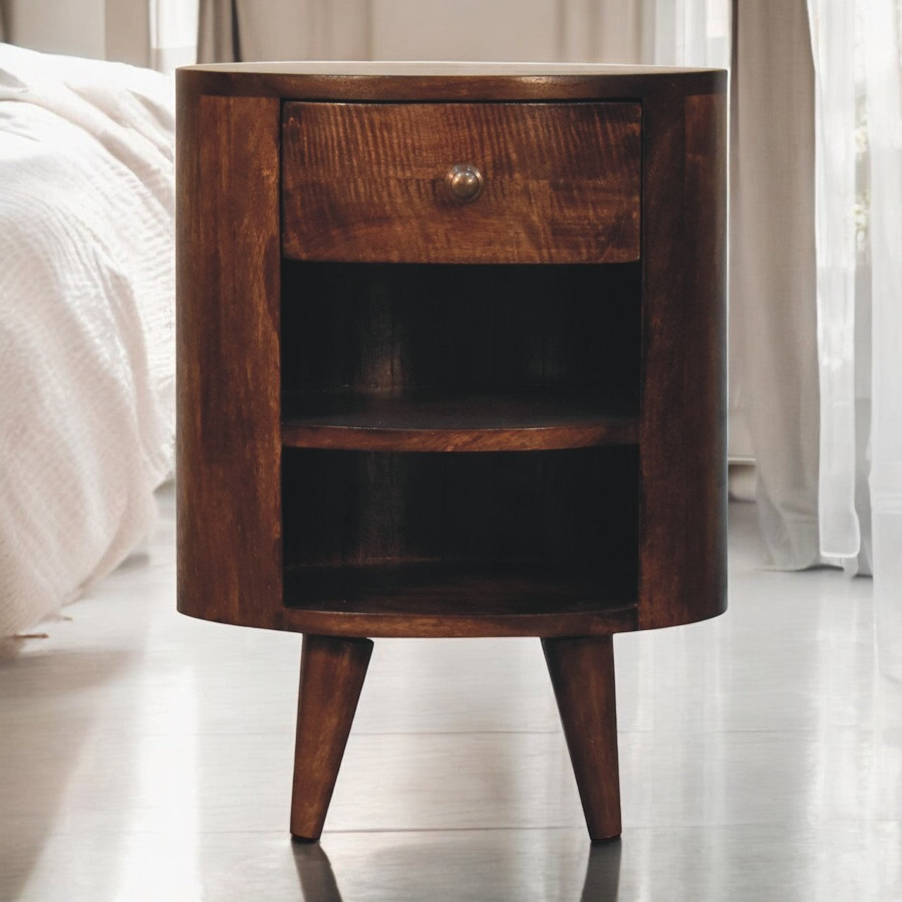 Solid Wood Nightstand with 2 Open Shelves and Drawer, Walnut