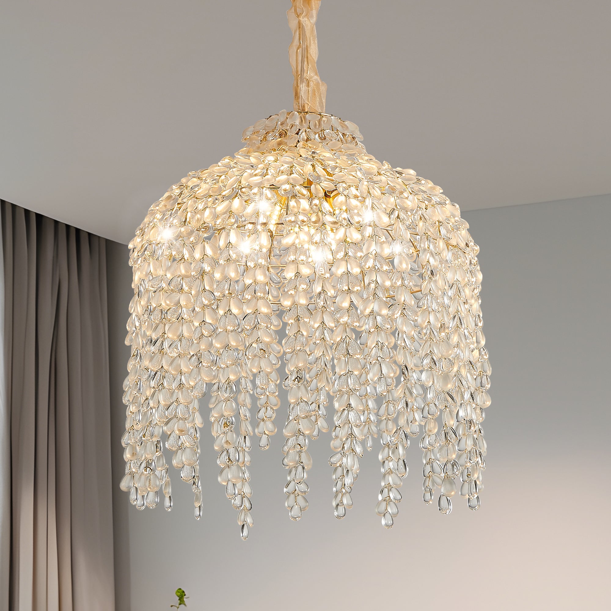 Crystal Chandelier with Waterfall Bead Strings, Gold