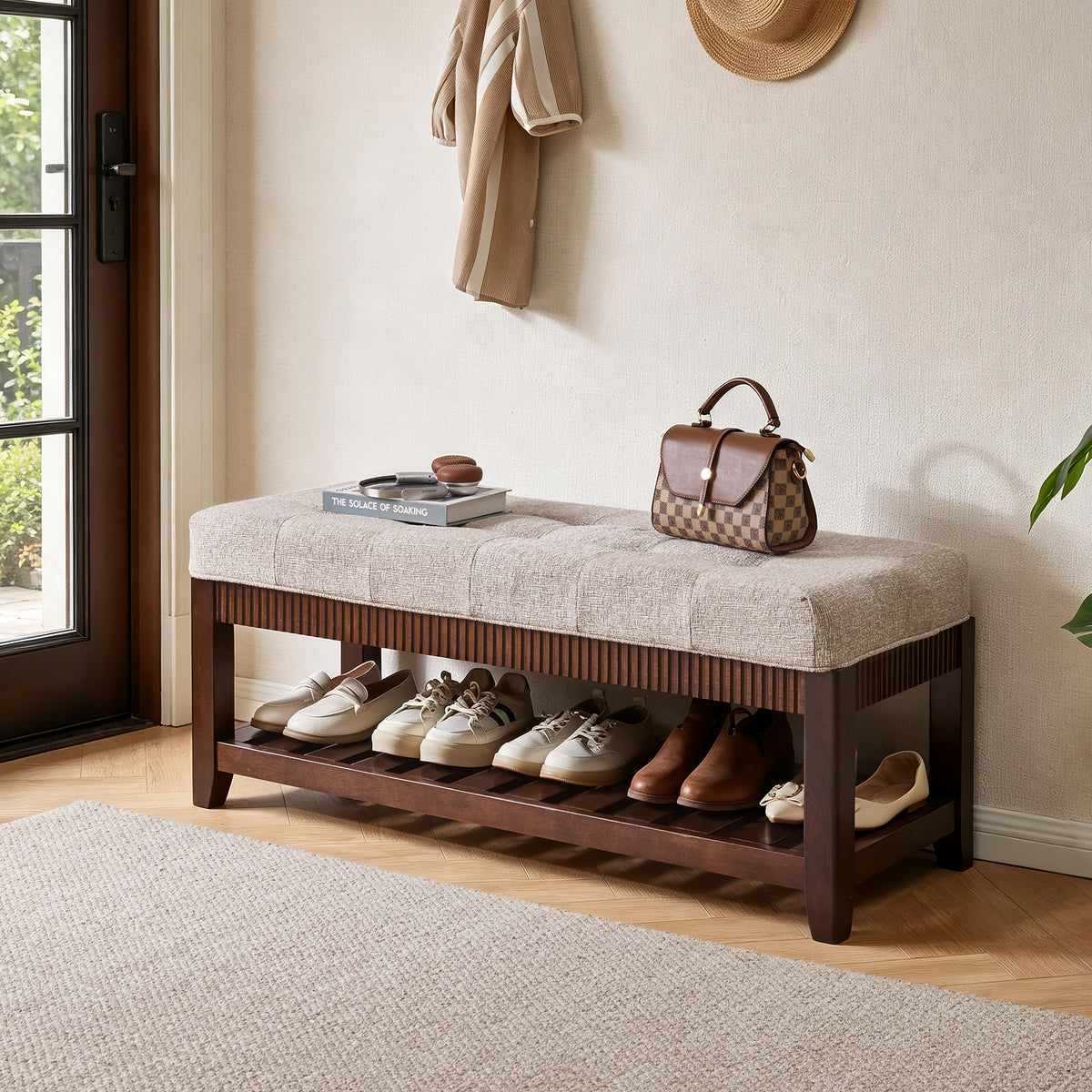 Brown Solid Wood Shoe Storage Bench, 43.7 in Wide