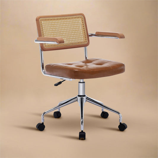 Mid Century Modern Desk & Office Chair – Handwoven Rattan & Vegan Leather