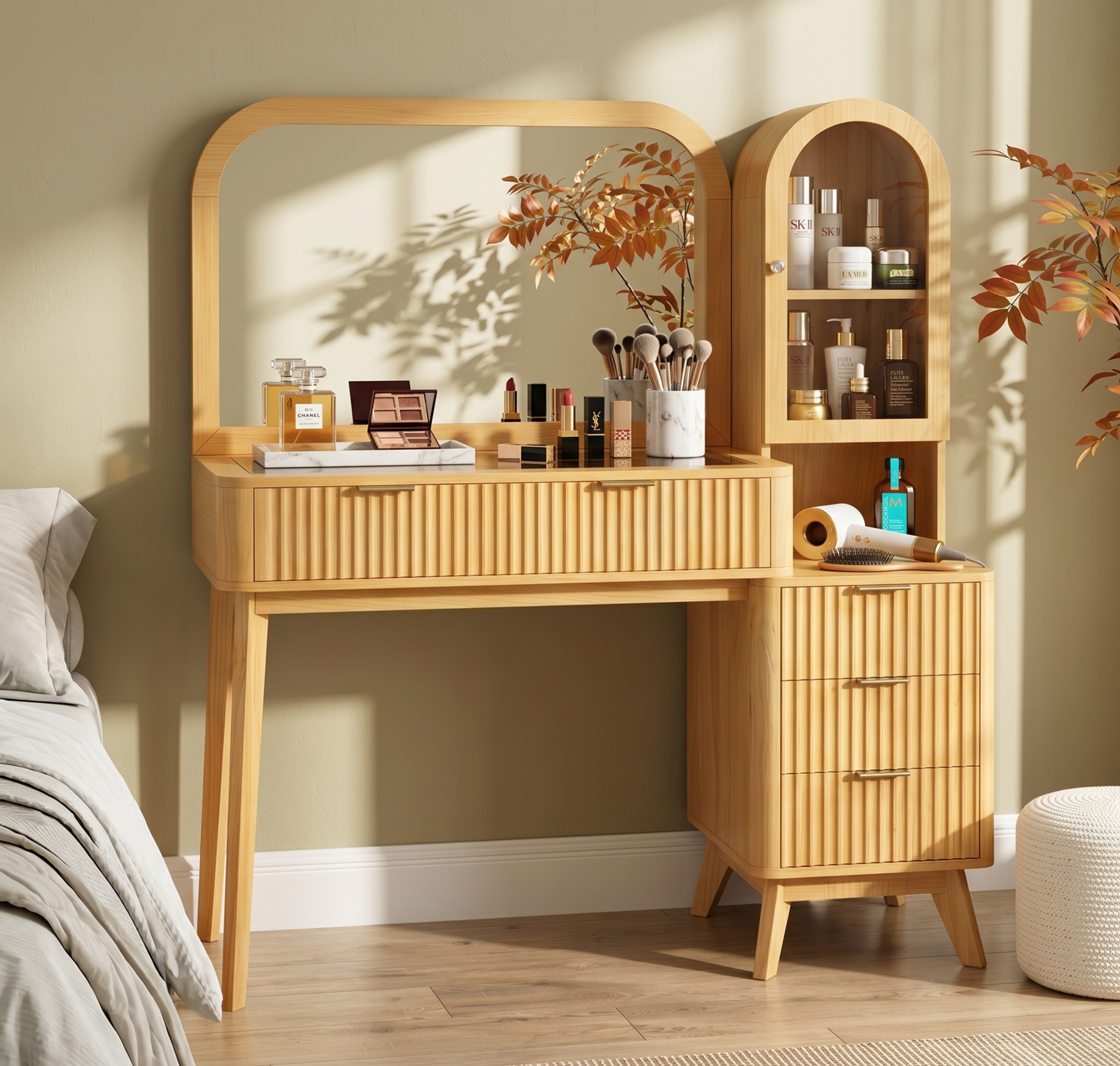 48-Inch Fluted Vanity Desk with Arched Mirror and 4 Drawers