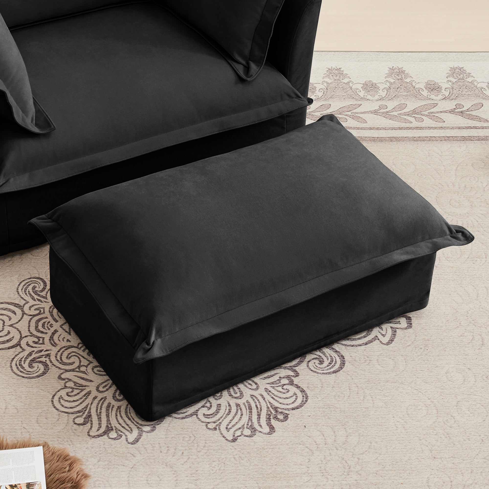 Fluffy Ottoman in Chenille Black #Fabric_Chenille Black