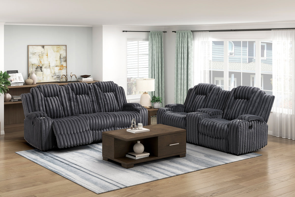 Dark Gray Corduroy Reclining Sofa and Loveseat Set with Console