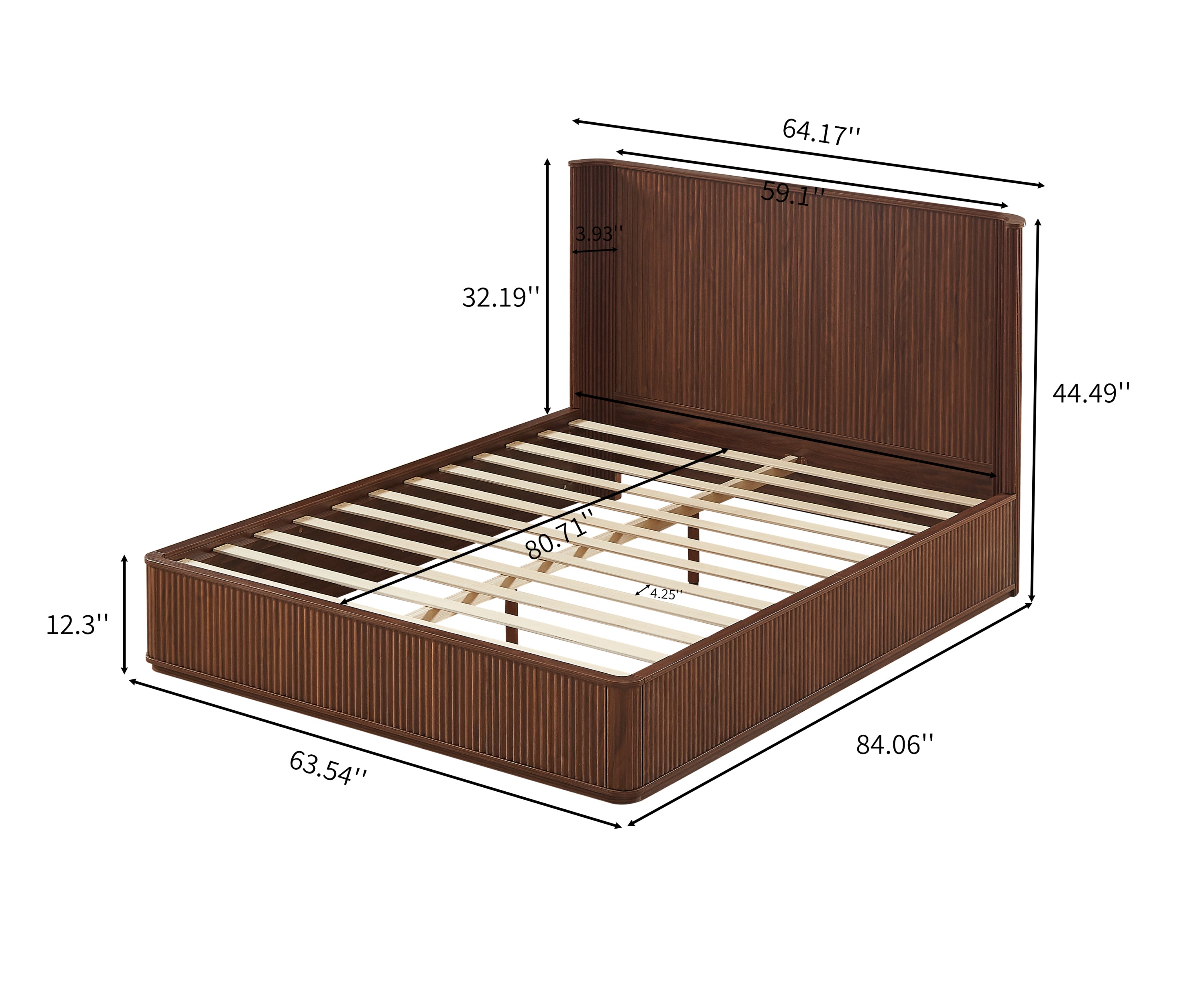 Dimension diagram of the tall queen bed frame: 84.06 in long, 63.54 in wide, 44.49 in tall, 64.17 in headboard #Color_Walnut