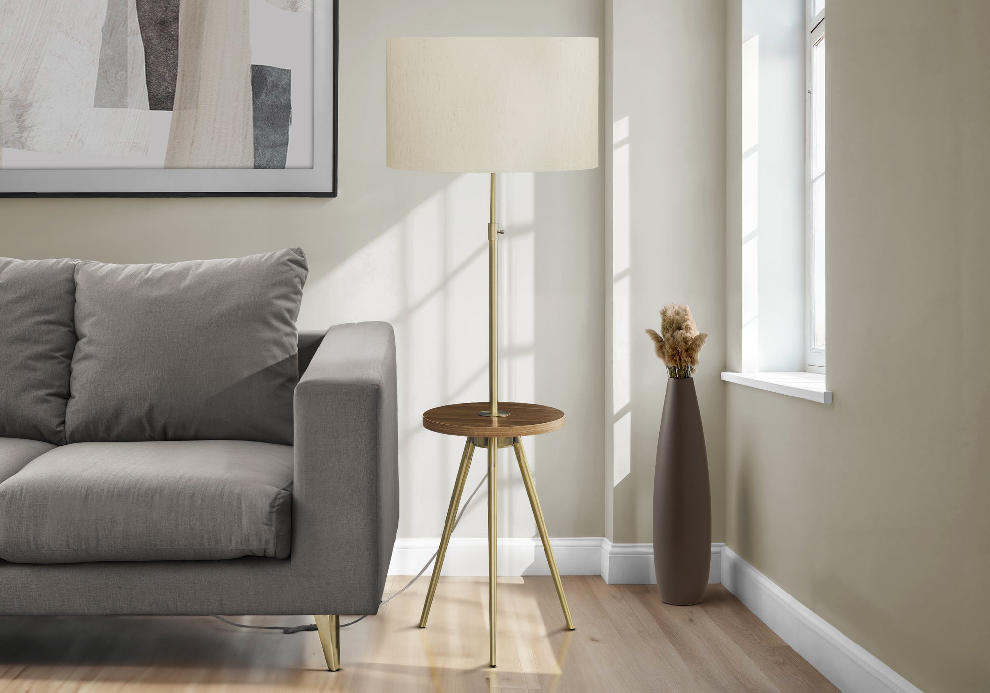 Floor Lamp, Metal Base, Fabric Shade, Gold