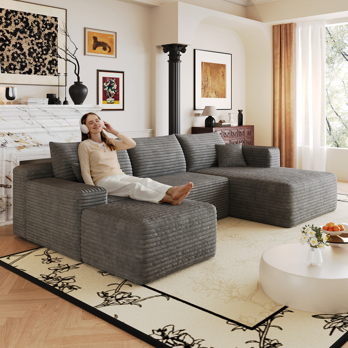 Dark Gray Corduroy L-Shaped Sectional with Ottoman, Right-Facing
