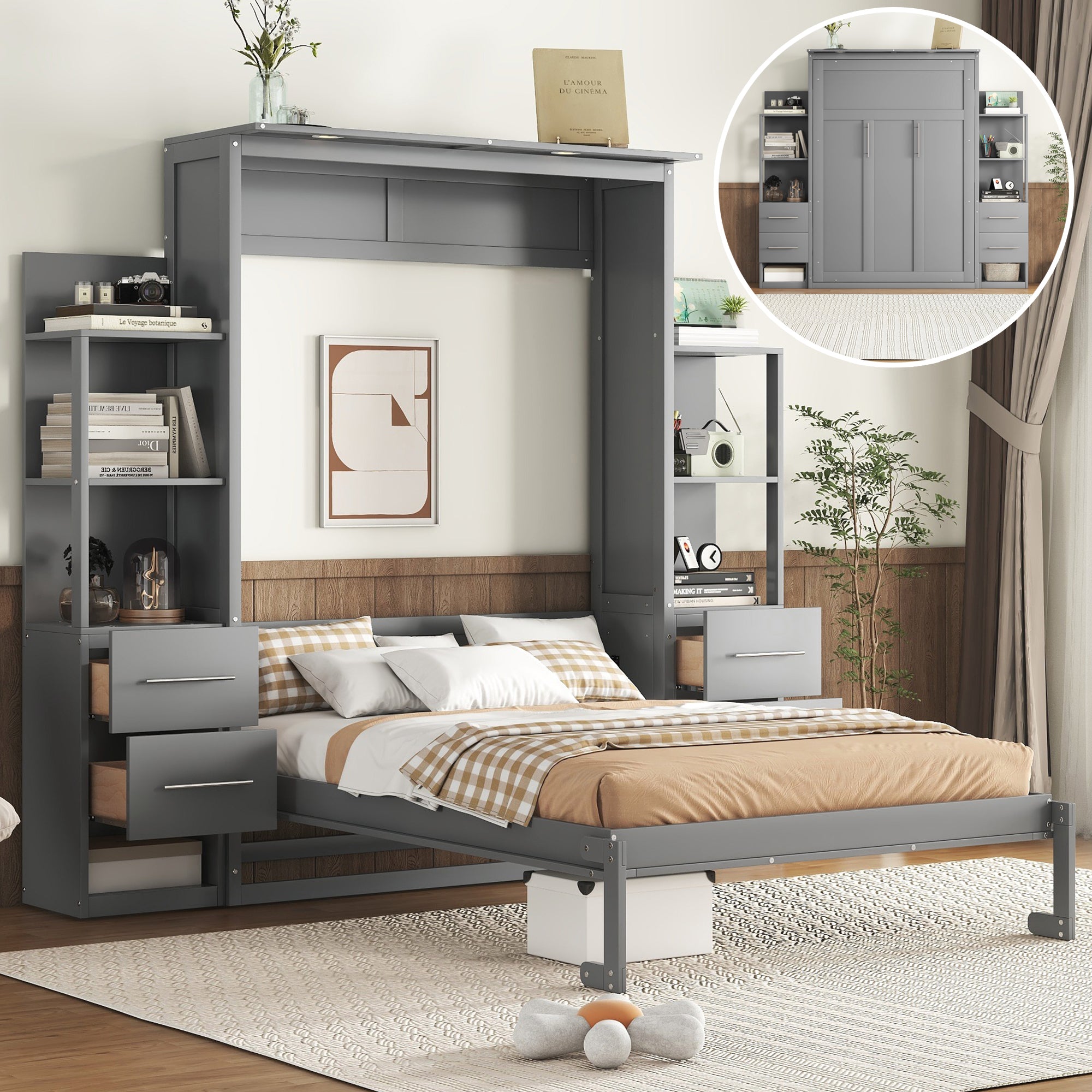 Murphy Bed with 4 Drawers, Shelves and LED Lights, Gray