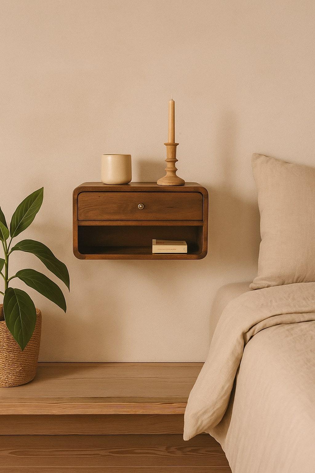 Curved Solid Mango Wood Floating Nightstand with Shelf, Chestnut