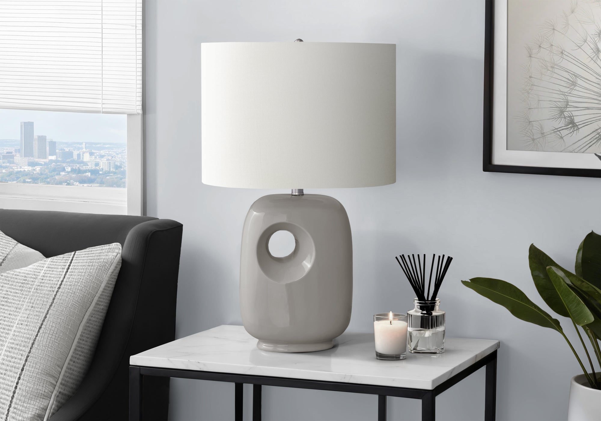 Table Lamp with Ceramic Base and Fabric Shade, 26 in, Grey
