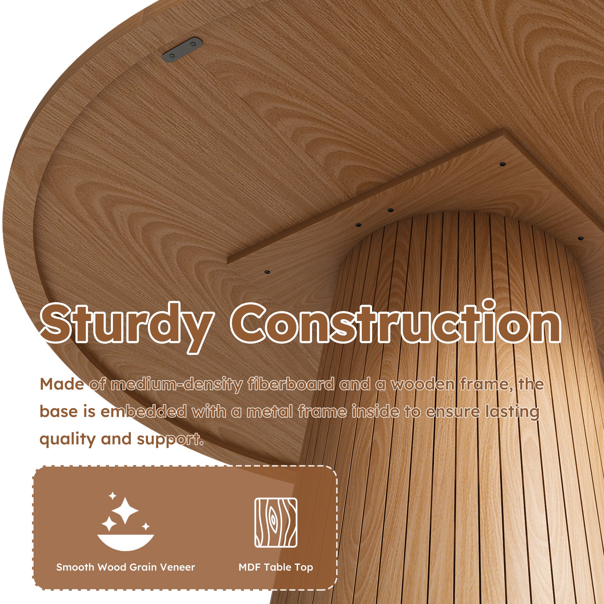 Feature graphic titled sturdy construction, noting the MDF top and wood-grain veneer with an underside view