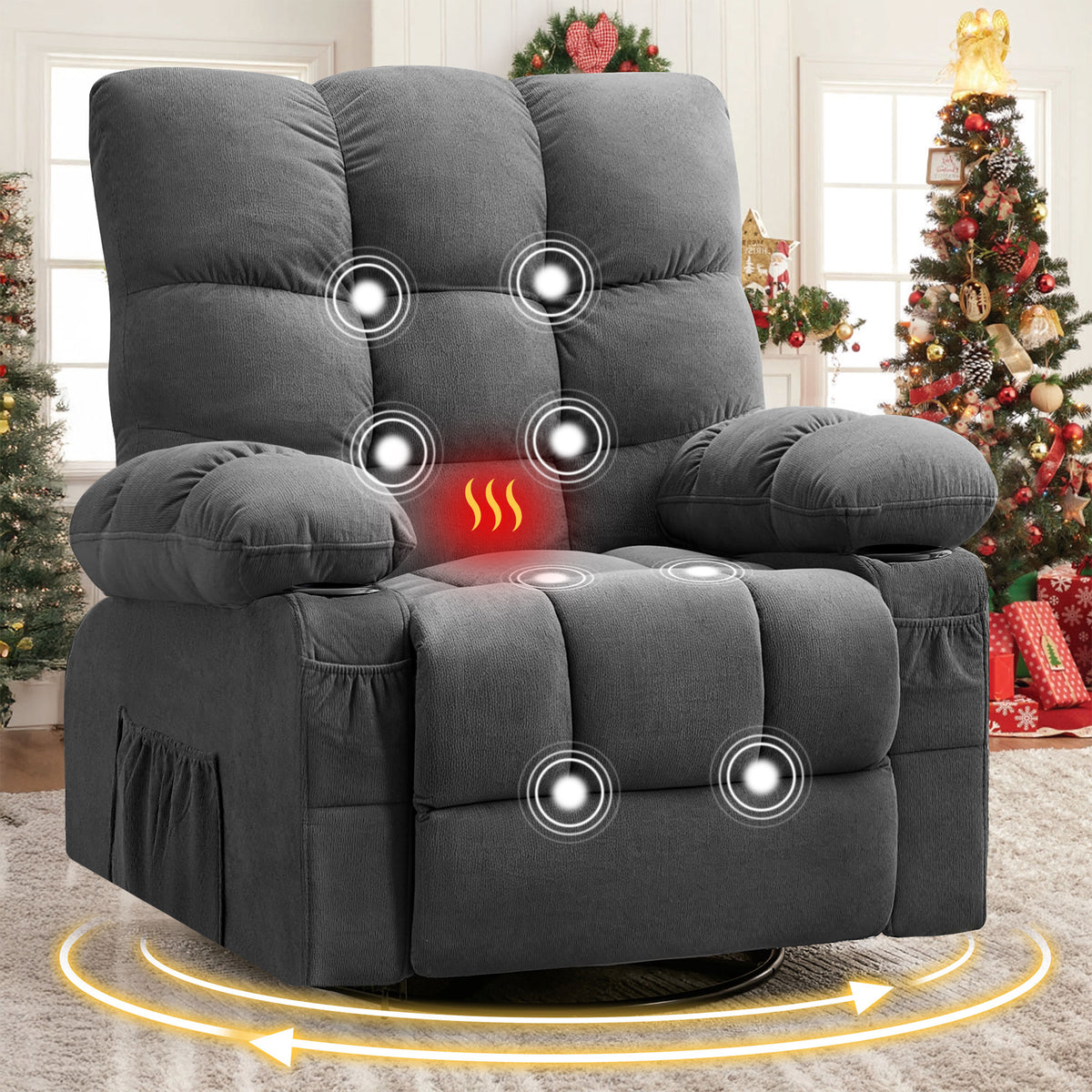 Gray Swivel Rocker Recliner, Massage and Heat