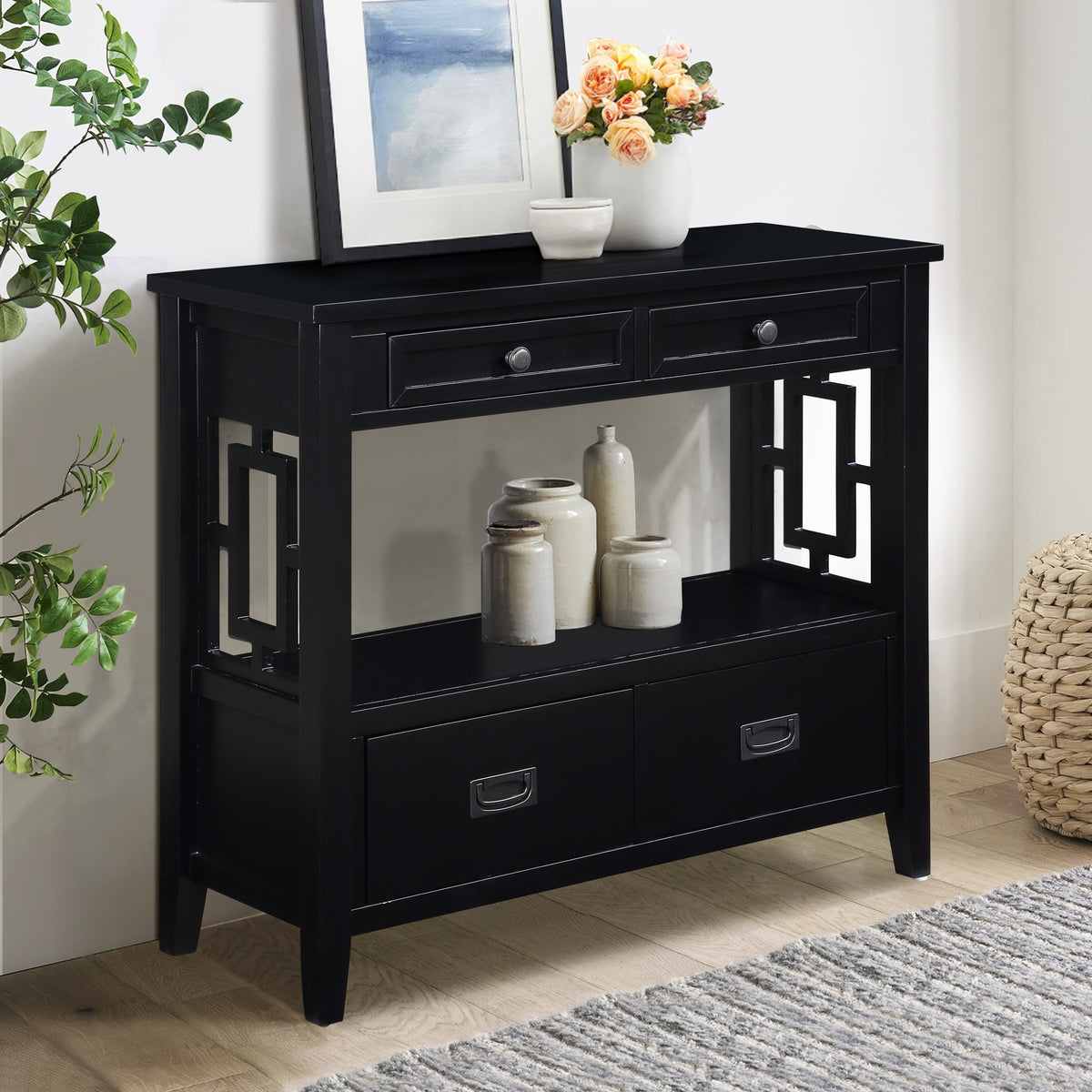 Black Entryway Console Table, 4 Drawers, 36 in Wide