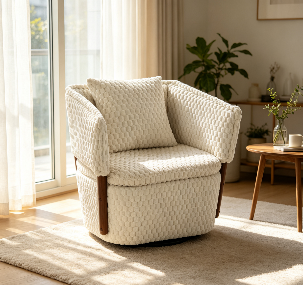 White Corduroy Swivel Accent Chair with Storage