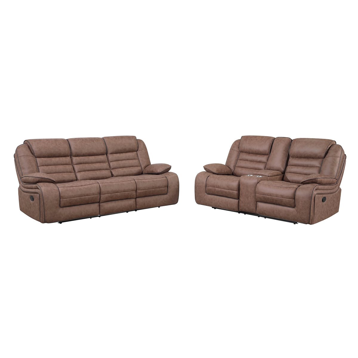 Brown Reclining Sofa and Loveseat Set with Console