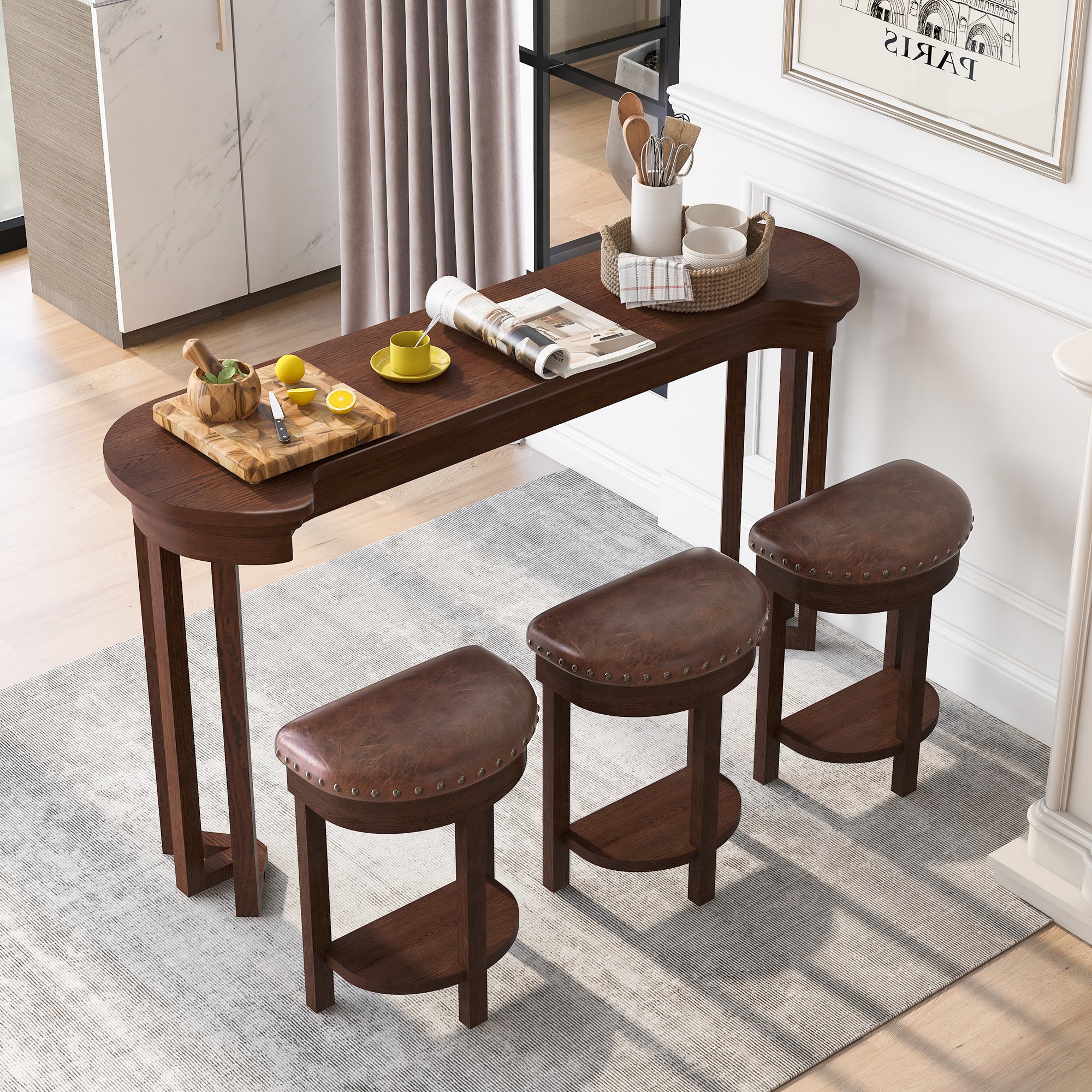 4-Piece Bar Table Set, Cherry Wood Table with 3 Padded Stools