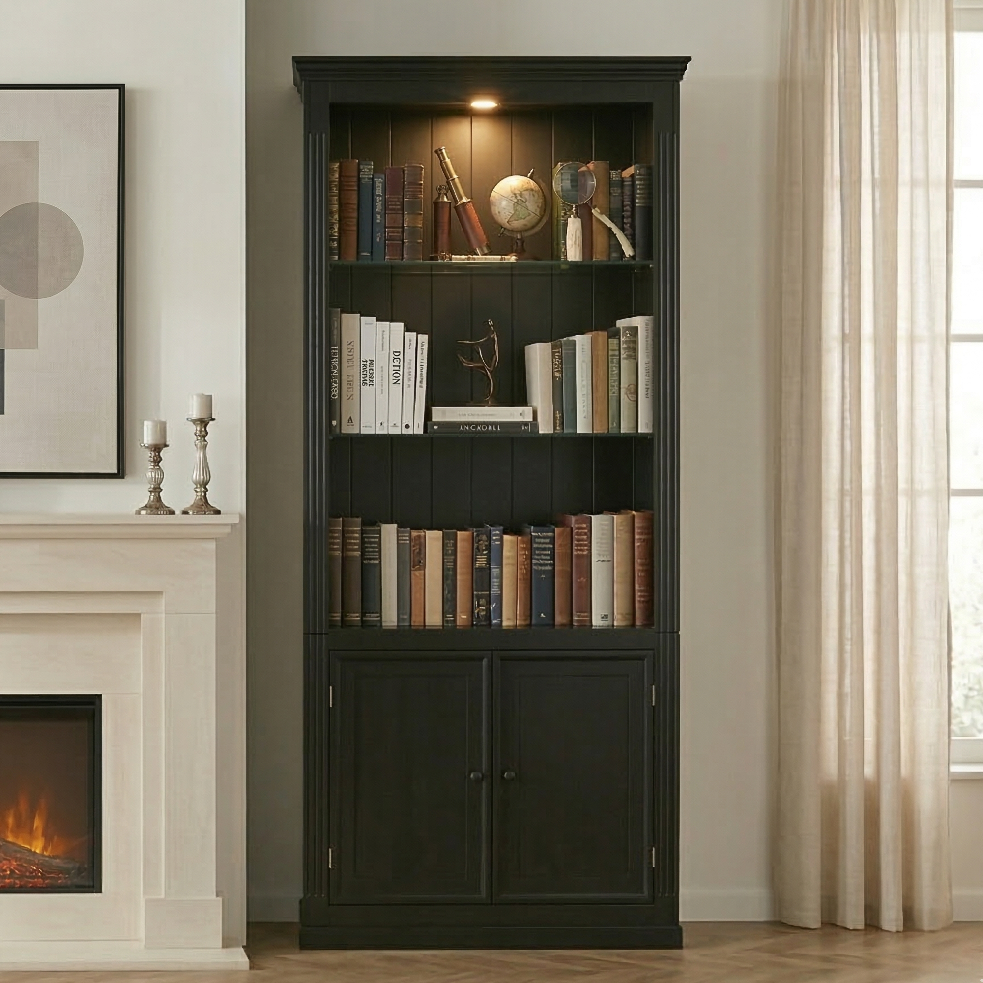 Farmhouse Bookcase with Doors and LED Lighting, 35.5 in, Black
