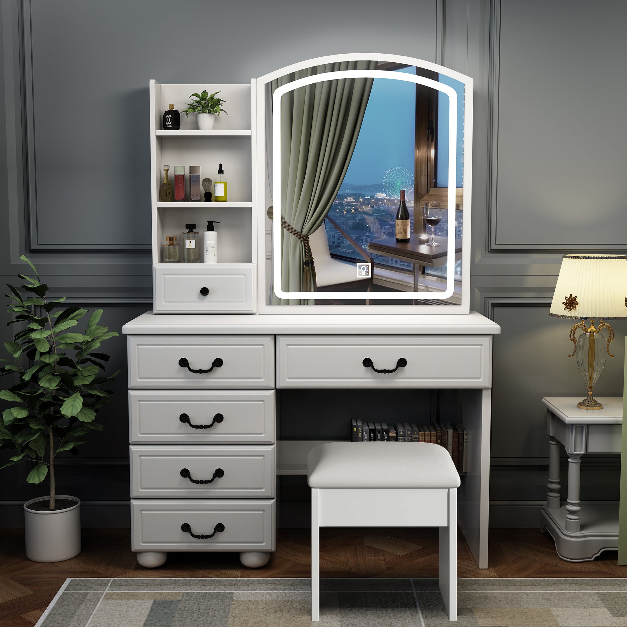 6-Drawer Vanity Desk with Lighted Mirror, White