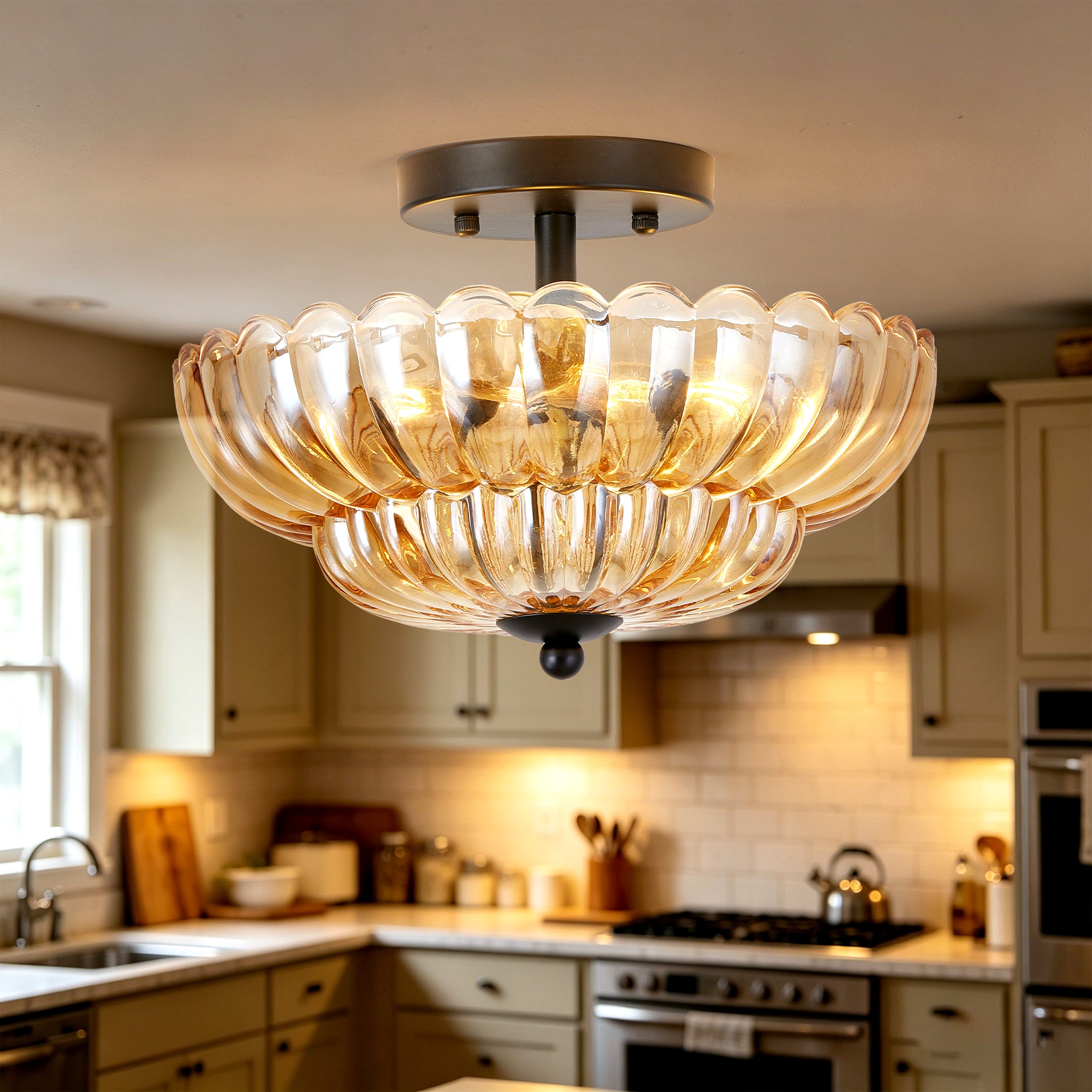 Semi-Flush Mount Light, 3-Light Iron Glass Shade, Amber