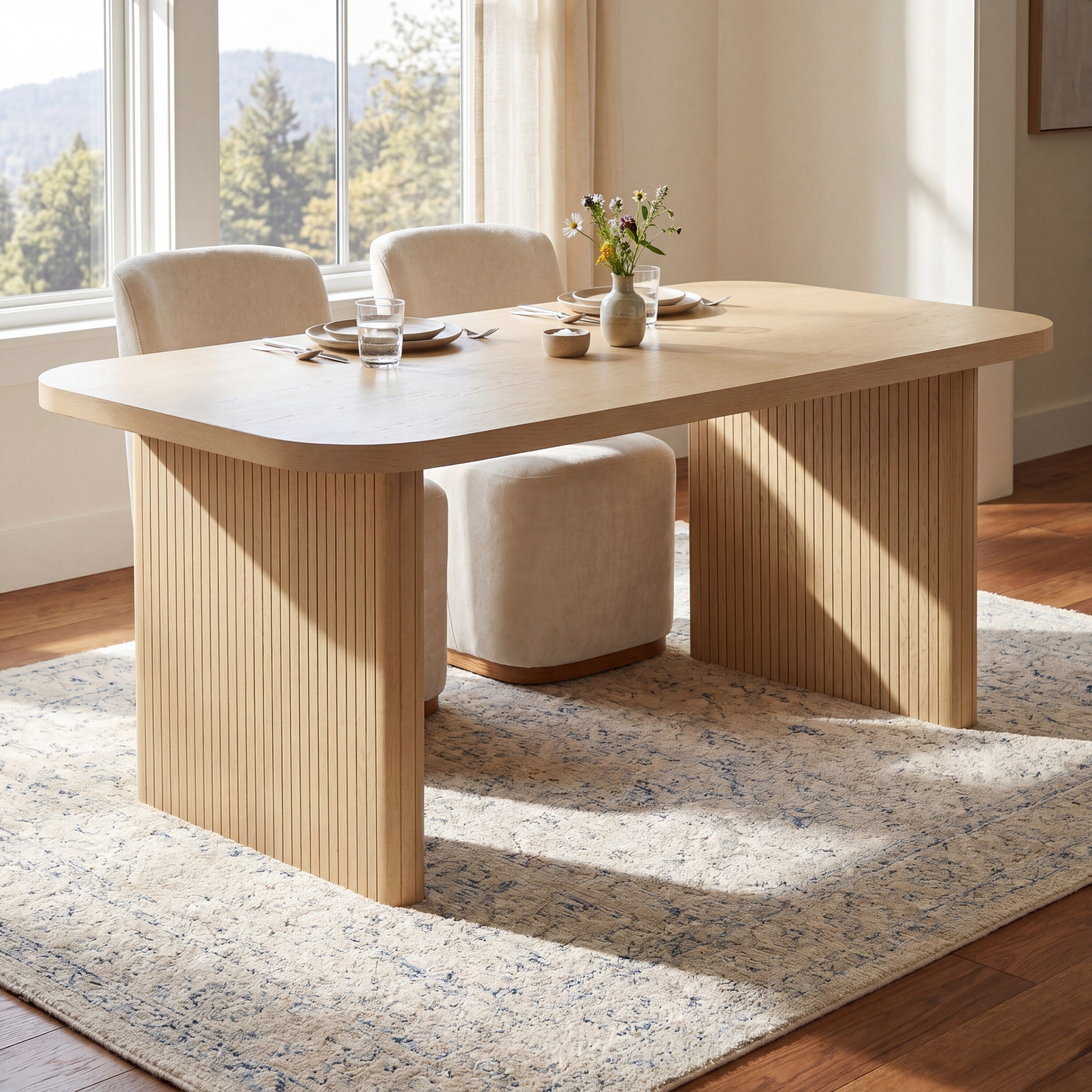 Natural oak dining table styled in a sunlit dining room with upholstered chairs and a place setting
