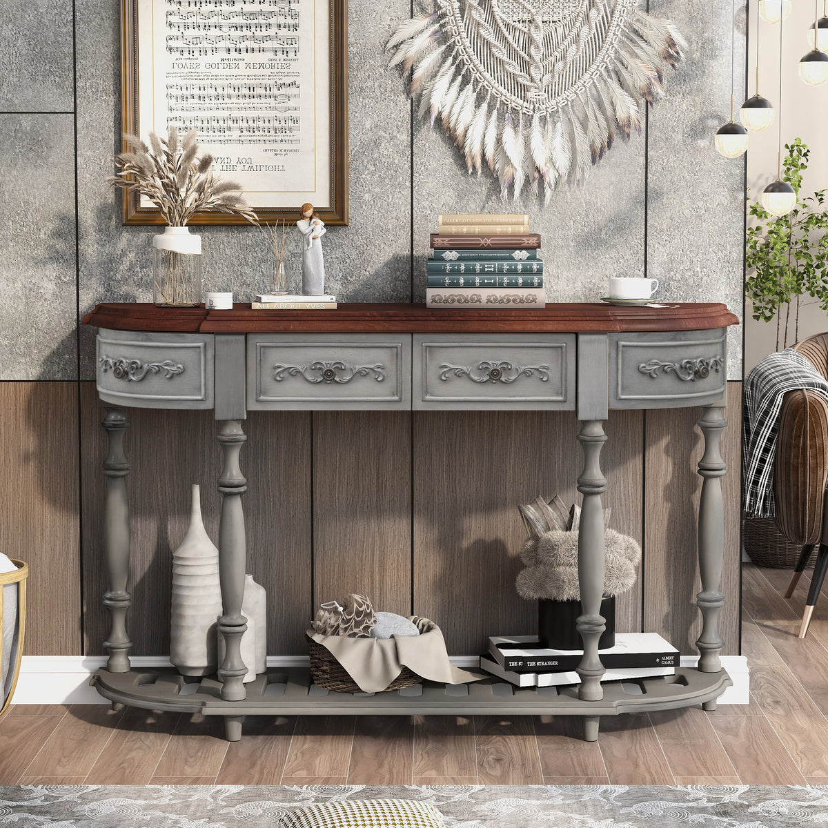 Gray Entryway Console Table, 4 Drawers, 52 in Wide