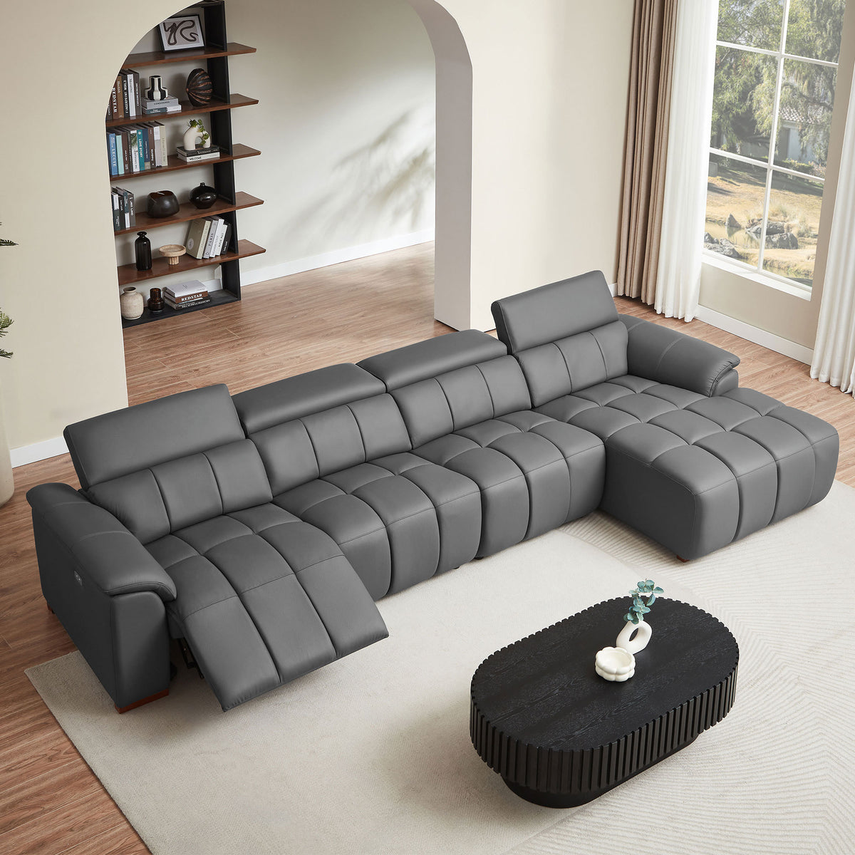 Gray Genuine Leather Power L-Shaped Reclining Sectional, Right-Facing
